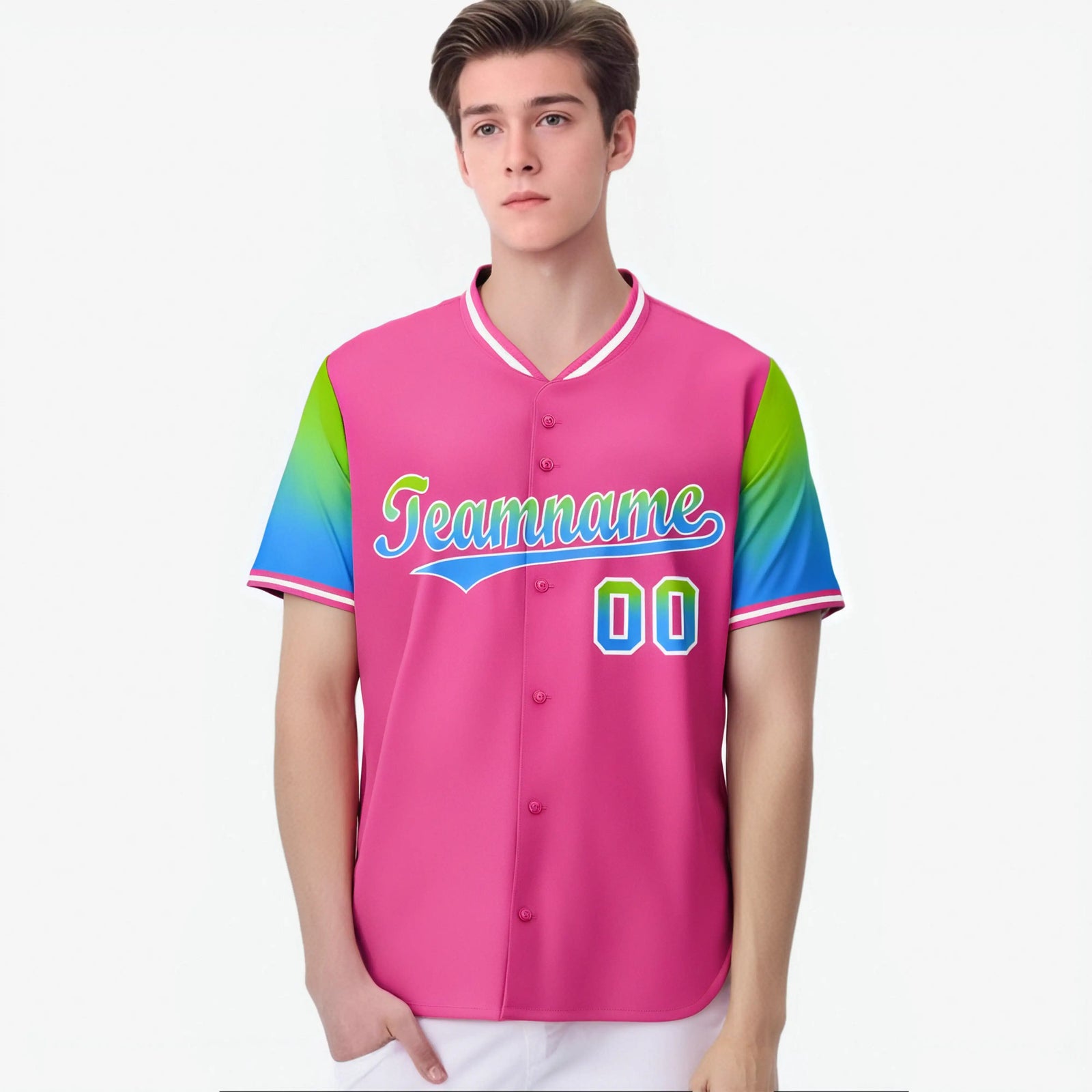 Custom Pink Neon Green-Powder Blue Gradient Fashion Authentic Baseball Jersey