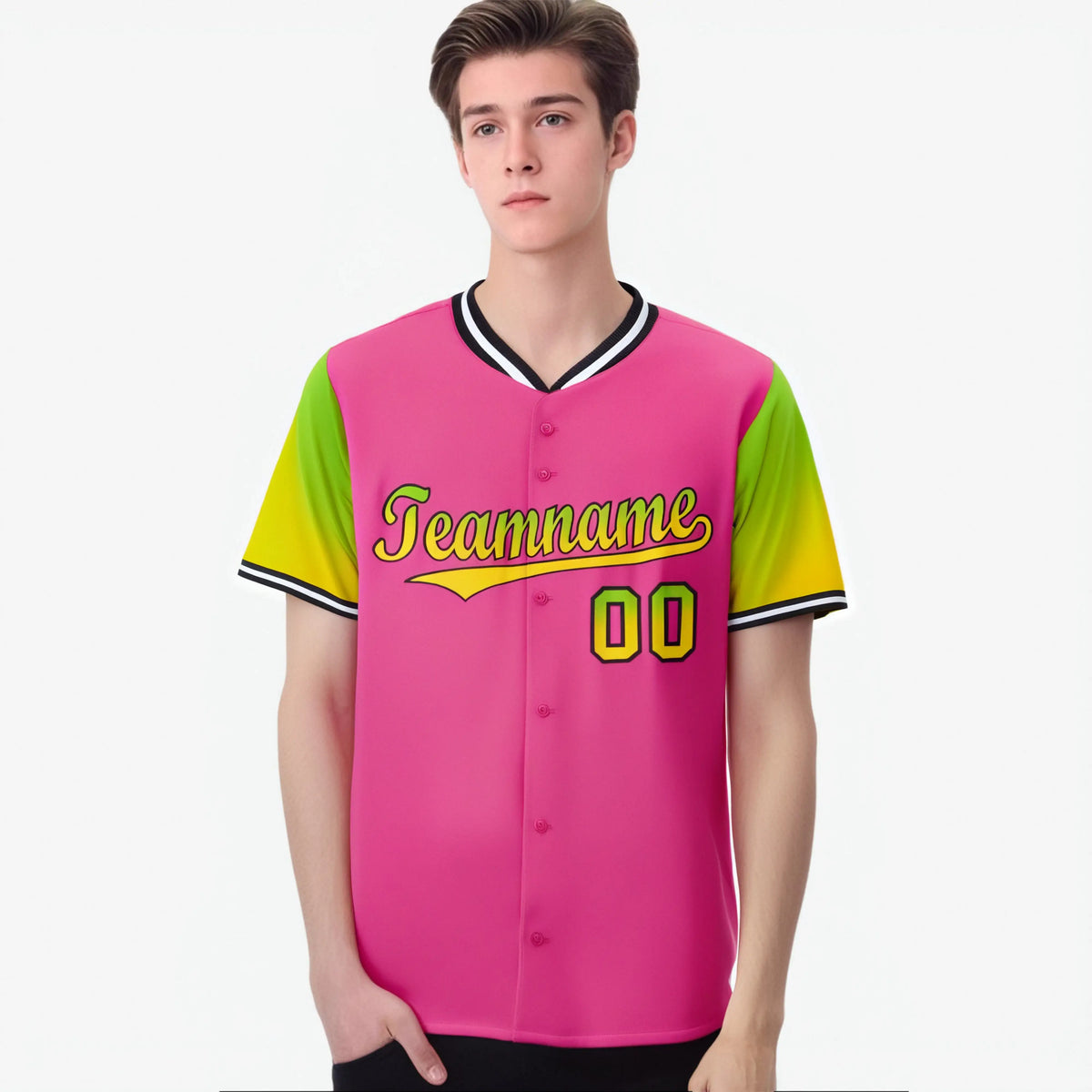 Custom Pink Neon Green-Gold Gradient Fashion Authentic Baseball Jersey