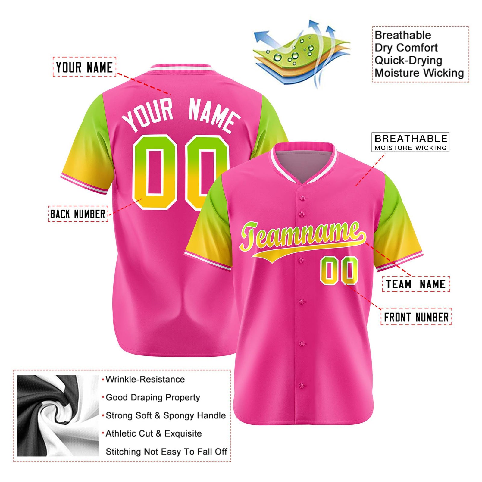 Custom Pink Neon Green-Gold Gradient Fashion Authentic Baseball Jersey