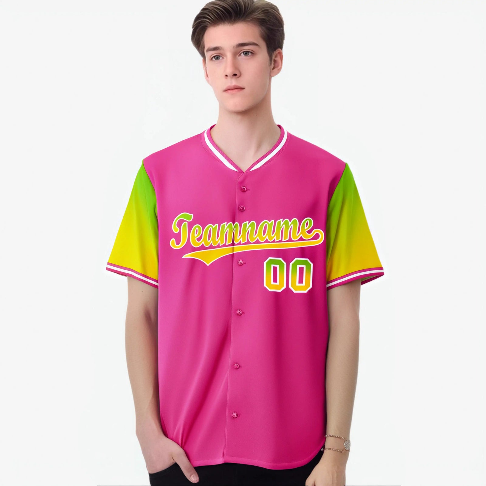 Custom Pink Neon Green-Gold Gradient Fashion Authentic Baseball Jersey