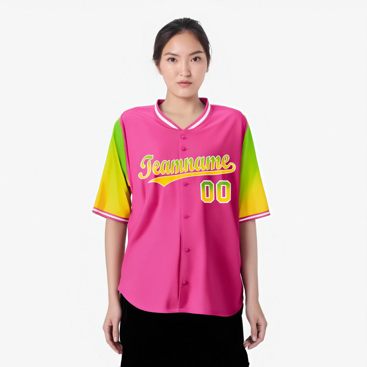 Custom Pink Neon Green-Gold Gradient Fashion Authentic Baseball Jersey
