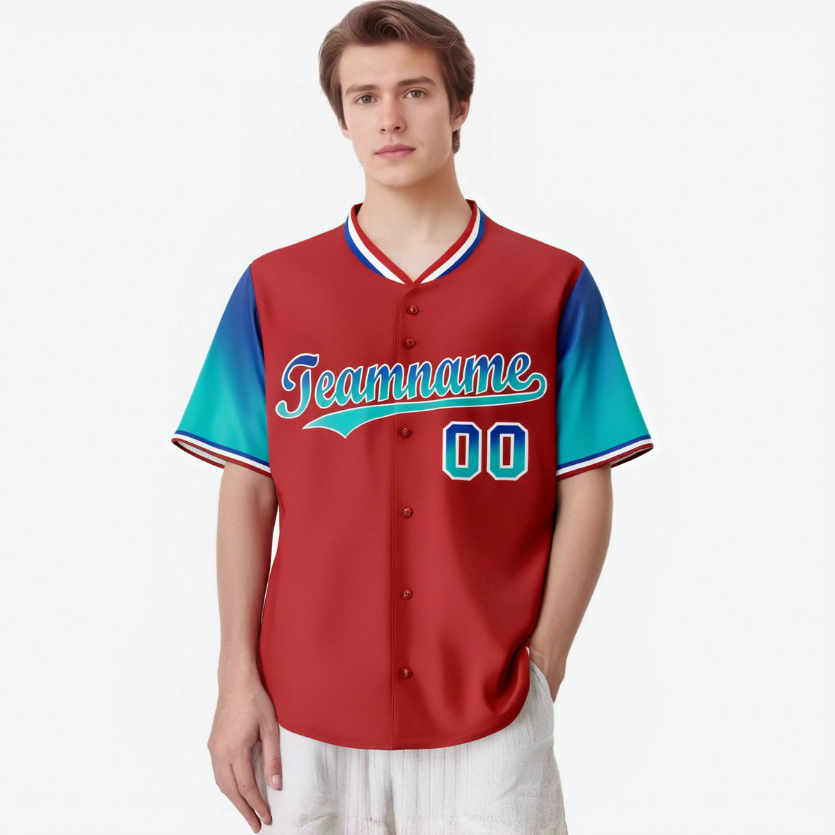 Custom Red Royal Blue-Aqua Gradient Fashion Authentic Baseball Jersey