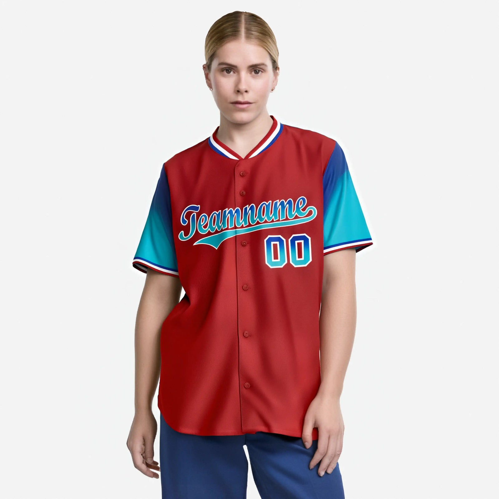 Custom Red Royal Blue-Aqua Gradient Fashion Authentic Baseball Jersey