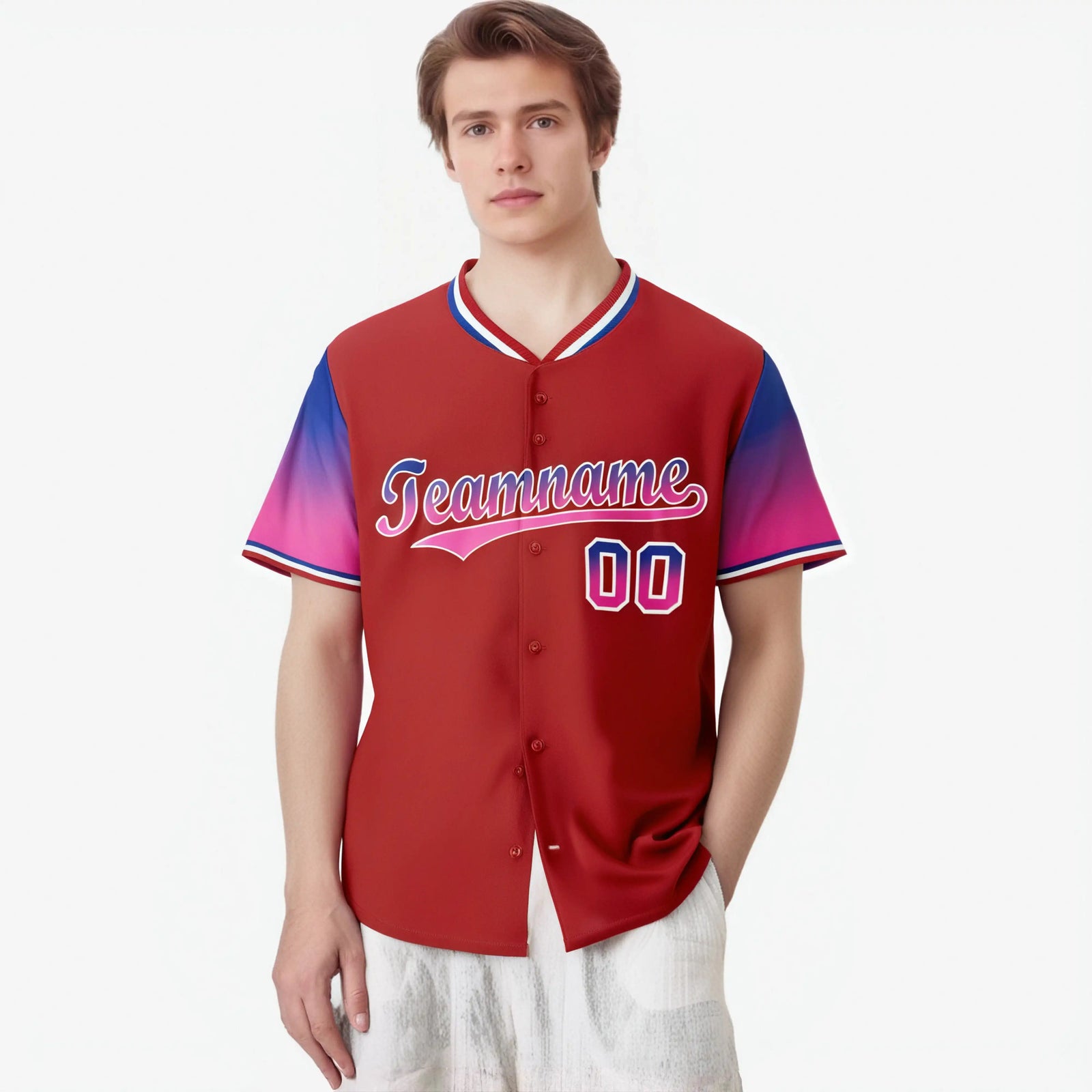 Custom Red Royal Blue-Pink Gradient Fashion Authentic Baseball Jersey