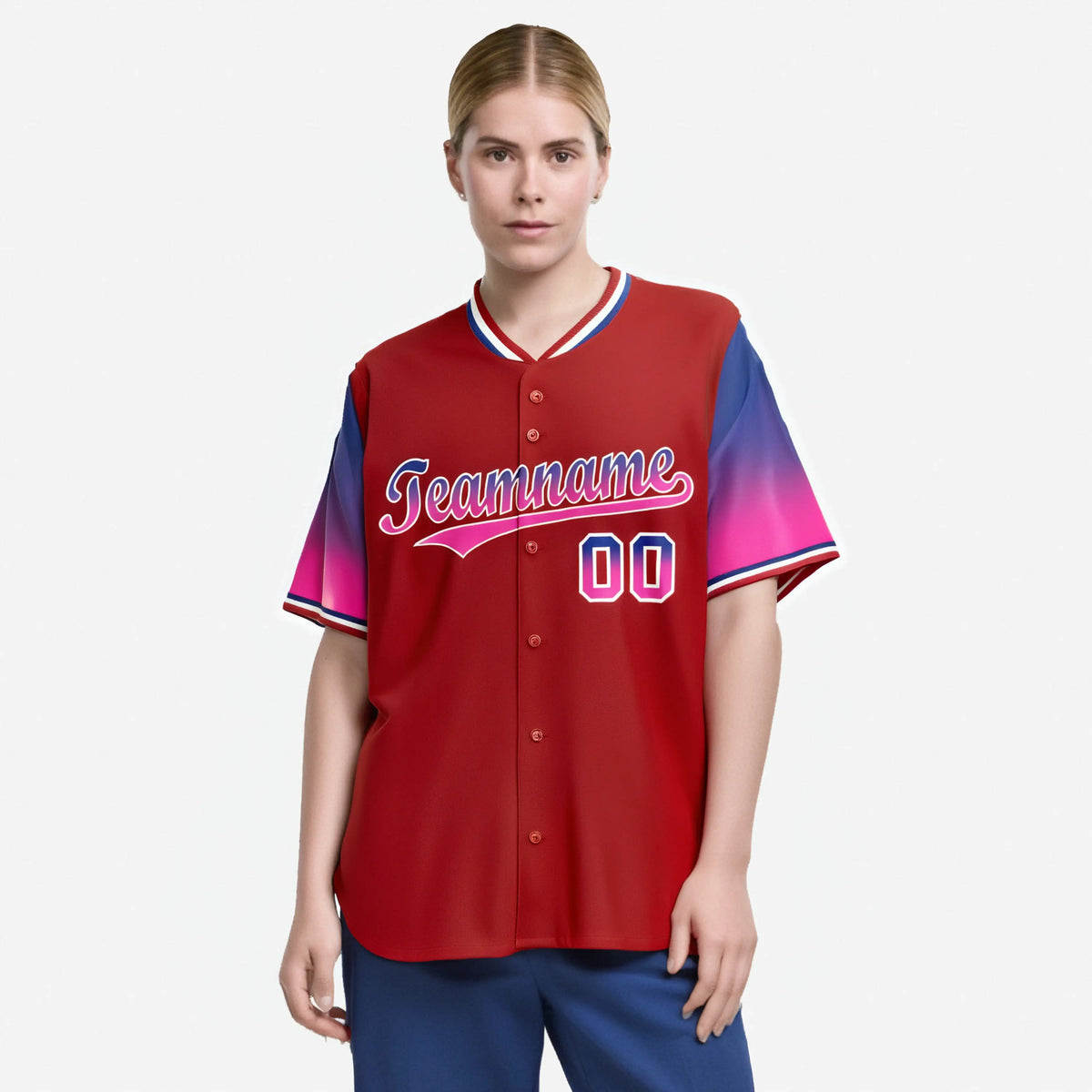Custom Red Royal Blue-Pink Gradient Fashion Authentic Baseball Jersey