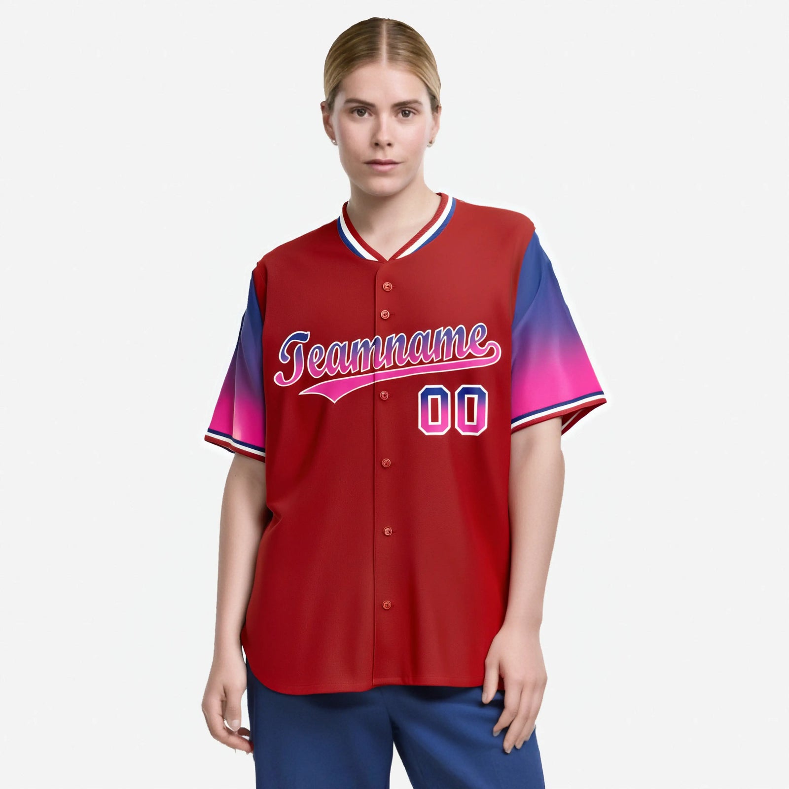 Custom Red Royal Blue-Pink Gradient Fashion Authentic Baseball Jersey