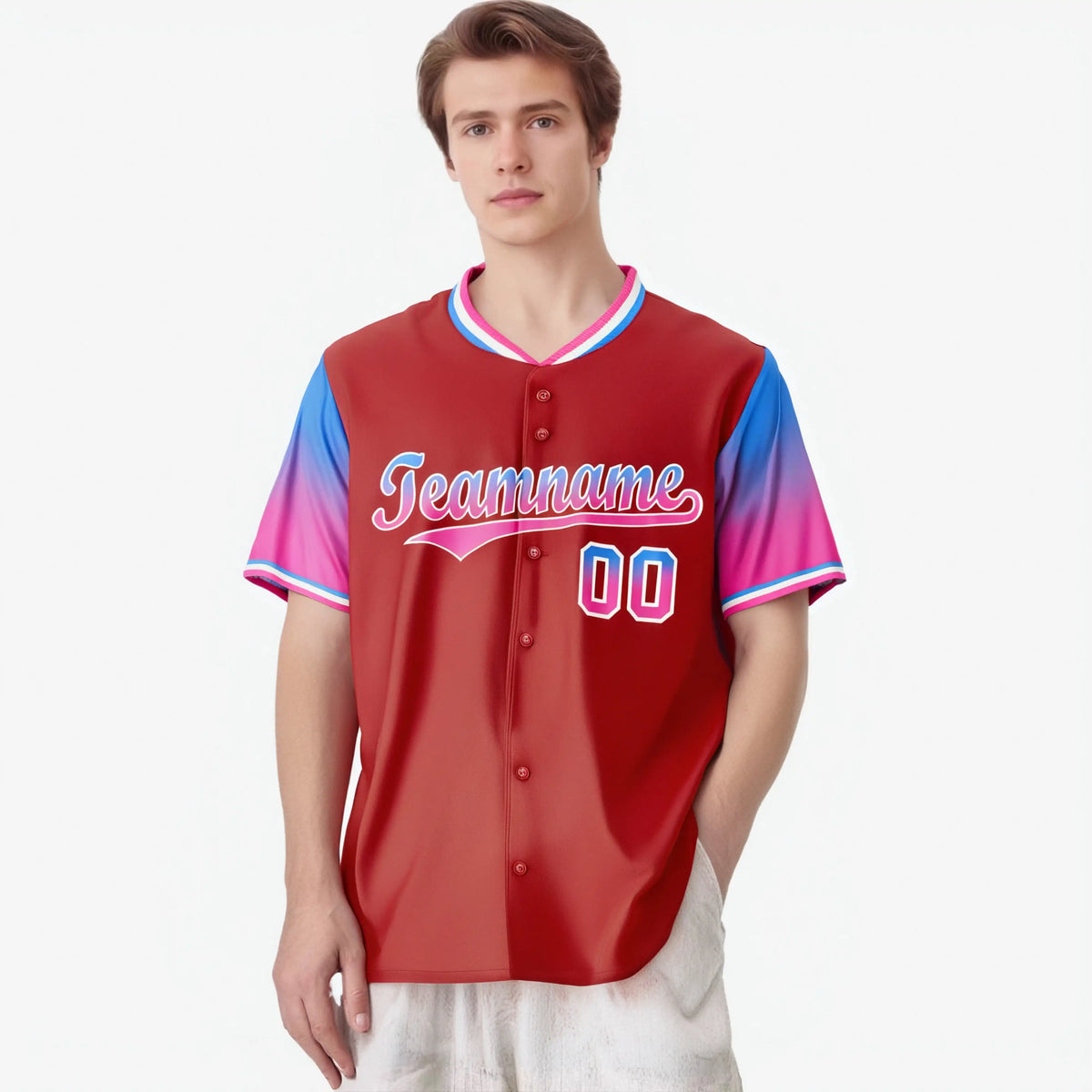 Custom Red Powder Blue-Pink Gradient Fashion Authentic Baseball Jersey