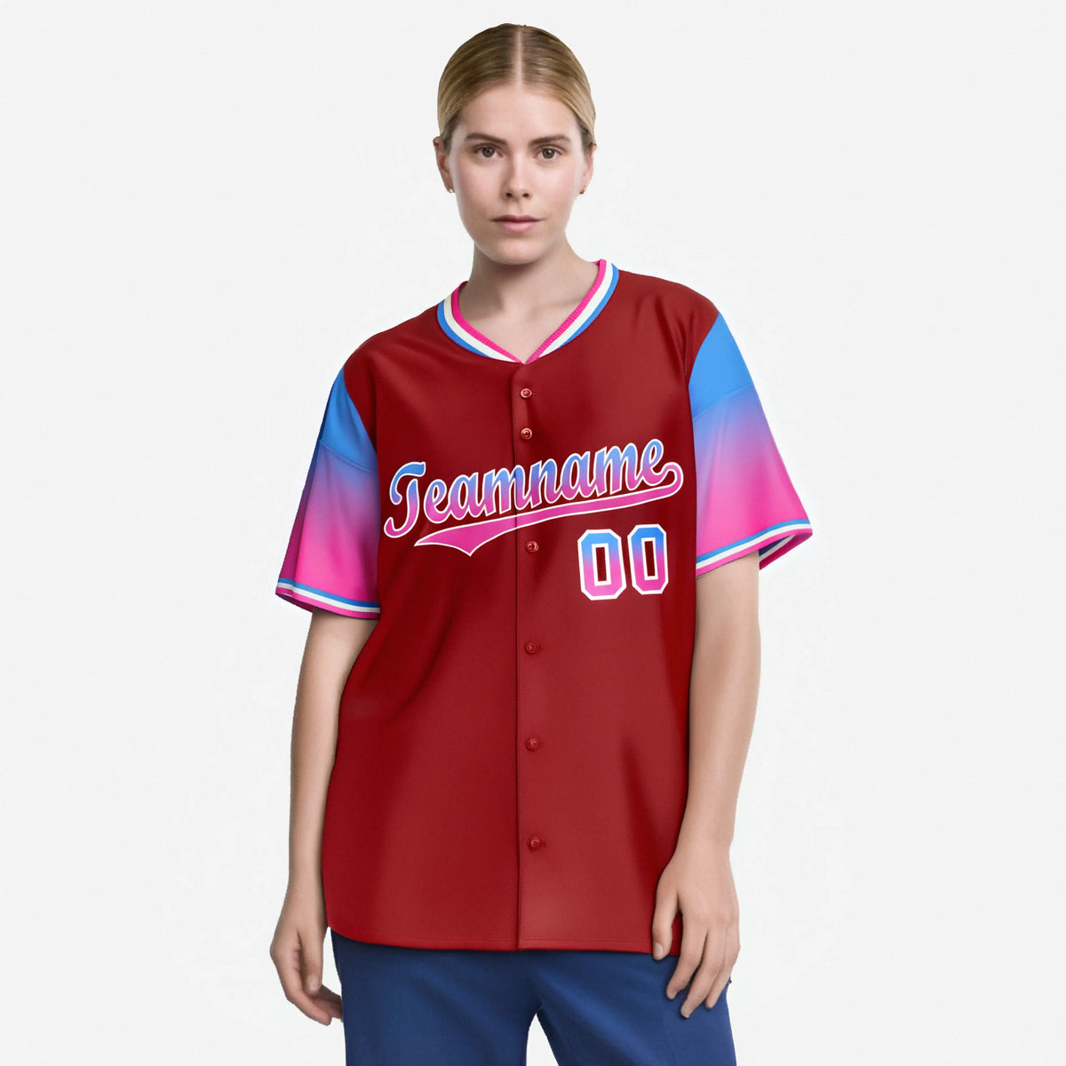 Custom Red Powder Blue-Pink Gradient Fashion Authentic Baseball Jersey