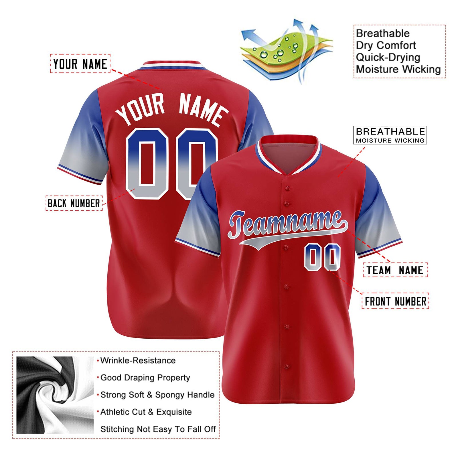 Custom Red Royal Blue-Gray Gradient Fashion Authentic Baseball Jersey