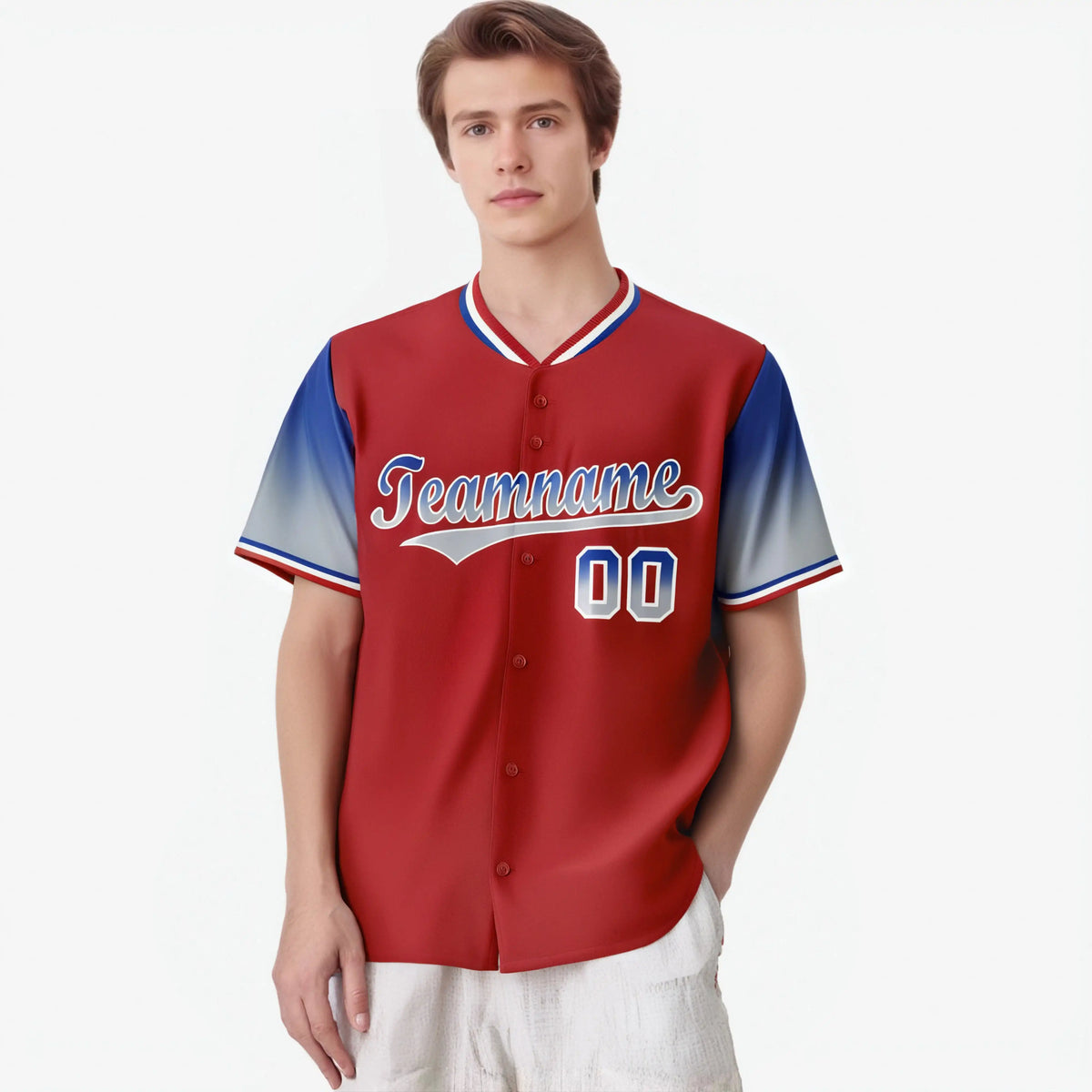 Custom Red Royal Blue-Gray Gradient Fashion Authentic Baseball Jersey