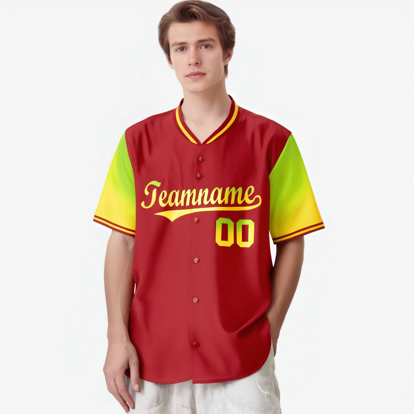 Custom Red Neon Green-Gold Gradient Fashion Authentic Baseball Jersey