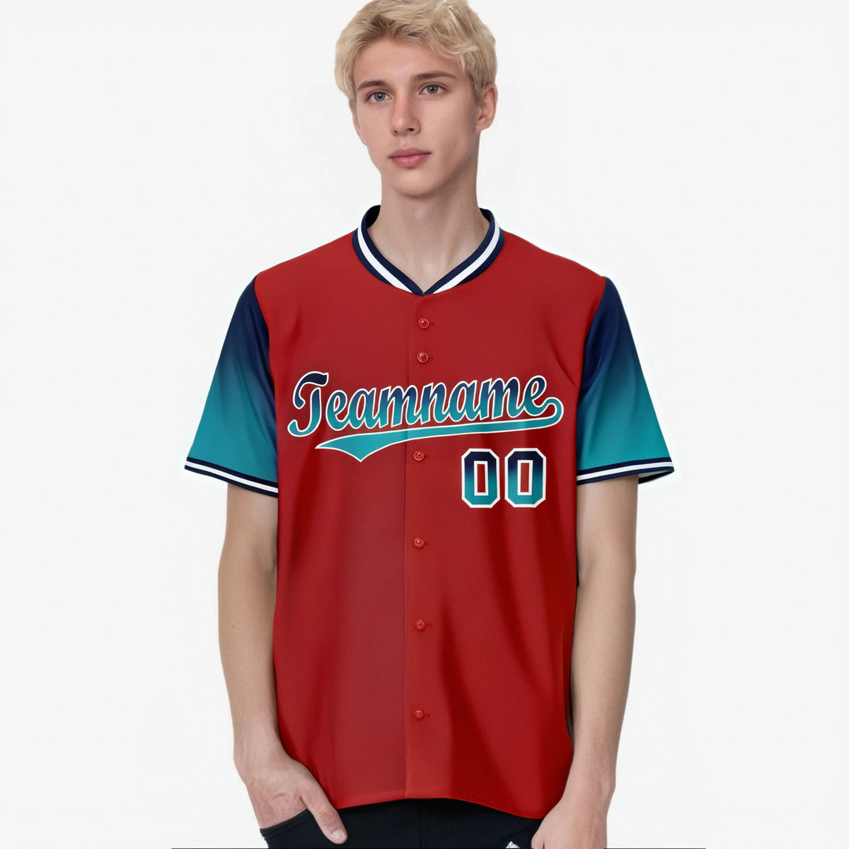 Custom Red Navy-Aqua Gradient Fashion Authentic Baseball Jersey