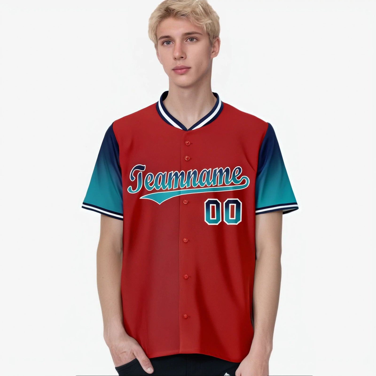 Custom Red Navy-Aqua Gradient Fashion Authentic Baseball Jersey