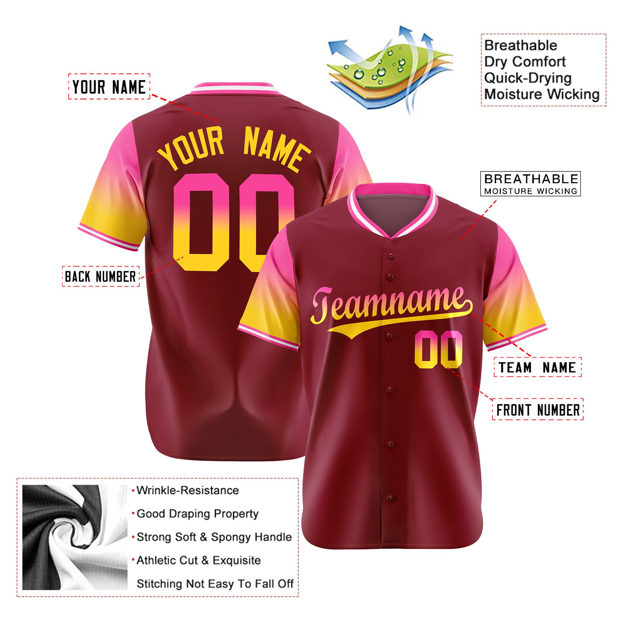 Custom Crimson Pink-Gold Gradient Fashion Authentic Baseball Jersey