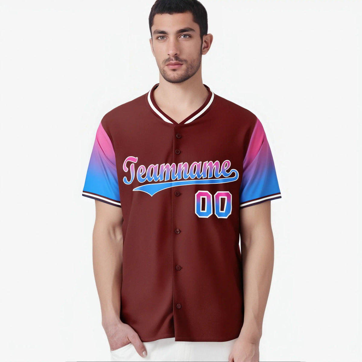 Custom Crimson Pink-Powder Blue Gradient Fashion Authentic Baseball Jersey
