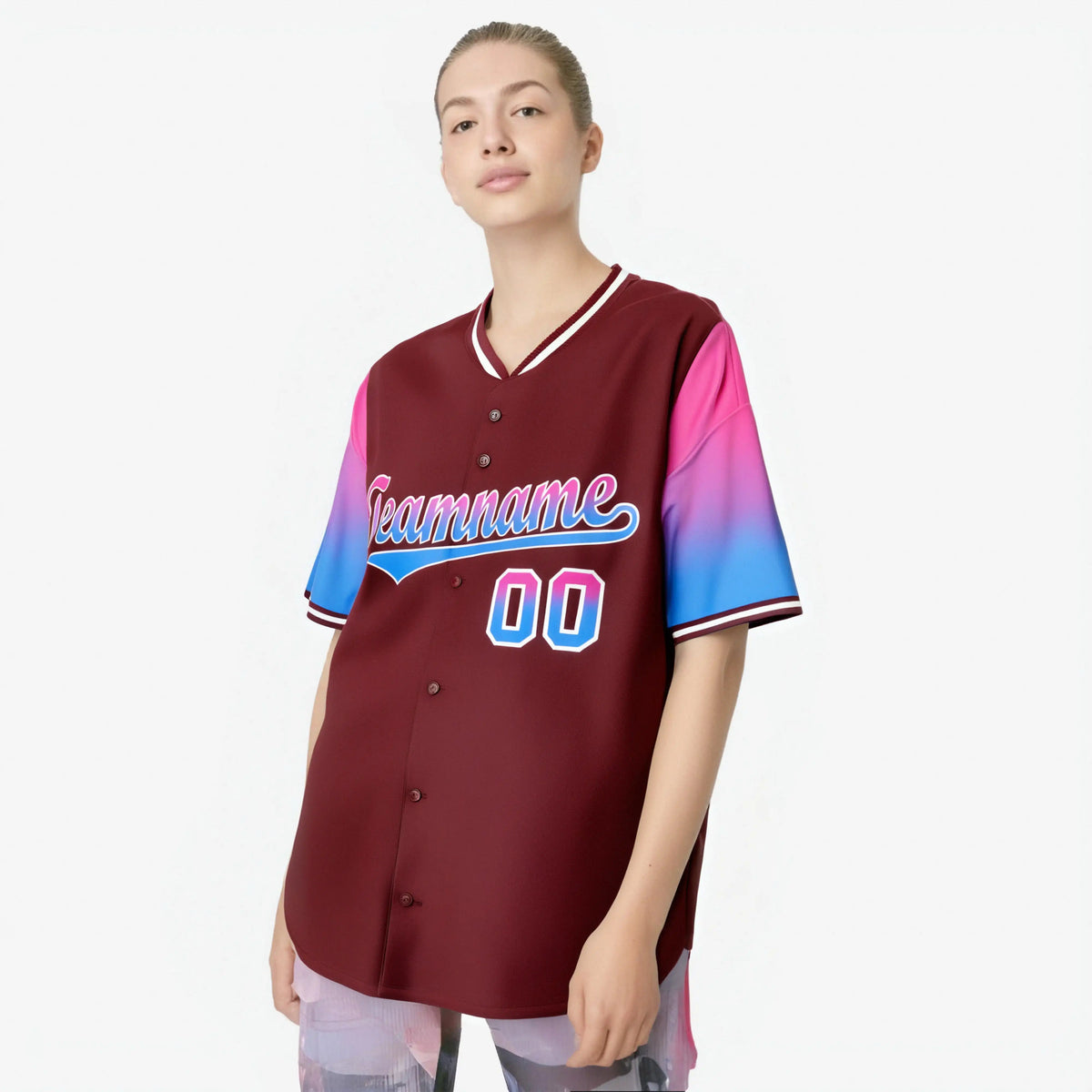 Custom Crimson Pink-Powder Blue Gradient Fashion Authentic Baseball Jersey