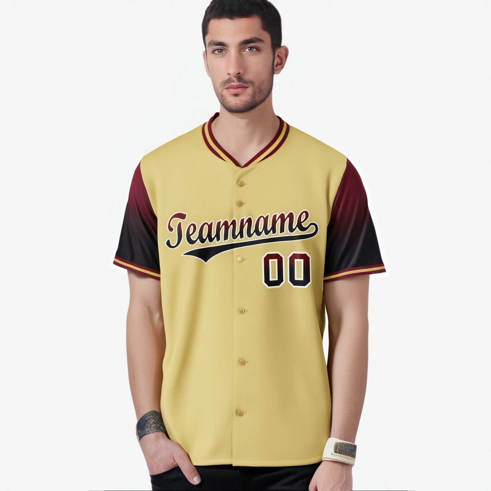 Custom Khaki Crimson-Black Gradient Fashion Authentic Baseball Jersey