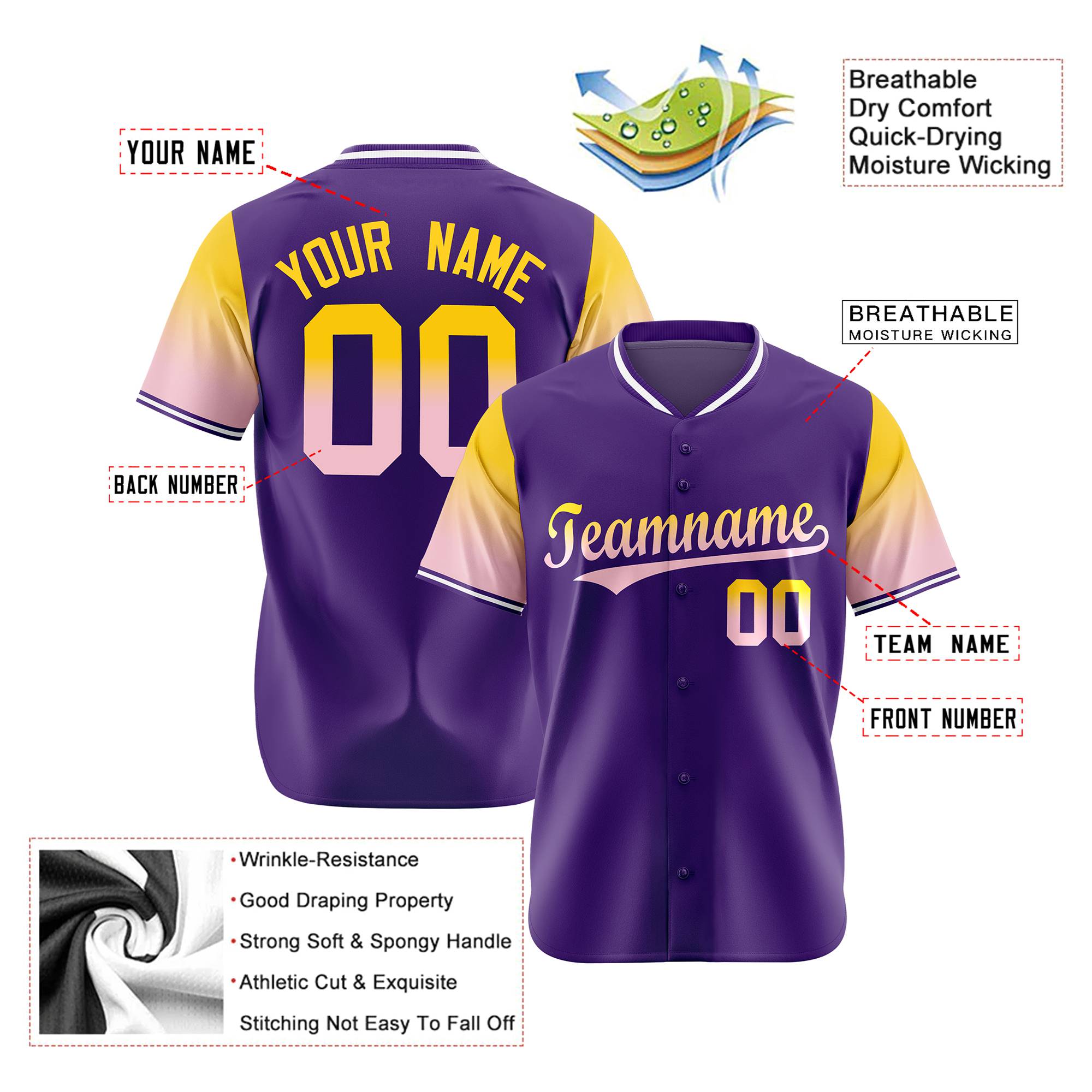 Custom Purple Gold-Light Pink Gradient Fashion Authentic Baseball Jersey