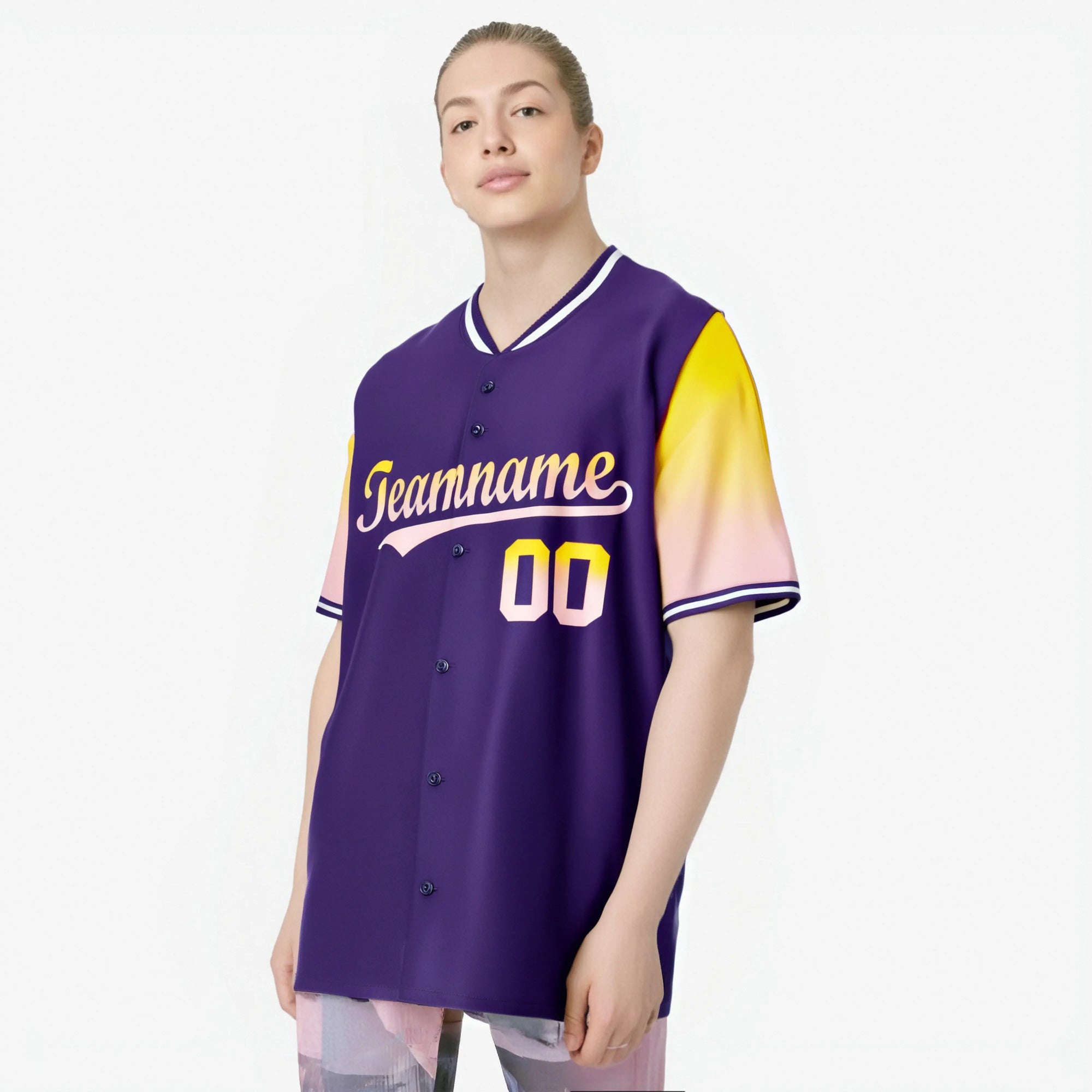 Custom Purple Gold-Light Pink Gradient Fashion Authentic Baseball Jersey