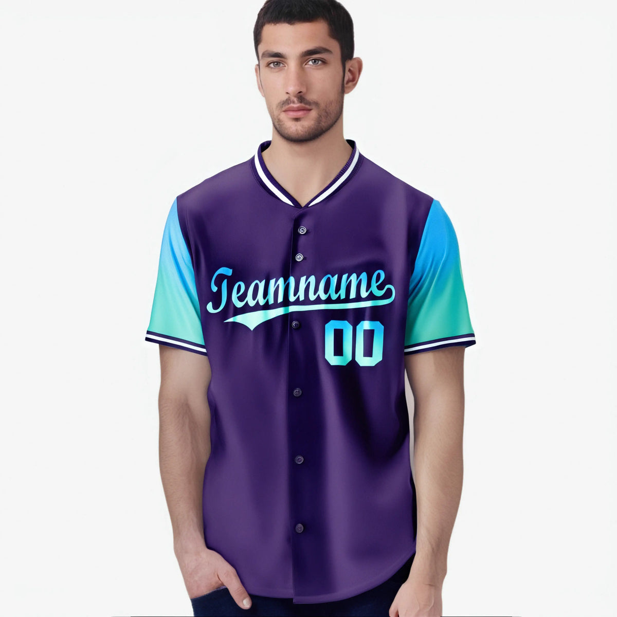 Custom Purple Powder Blue-Aqua Gradient Fashion Authentic Baseball Jersey