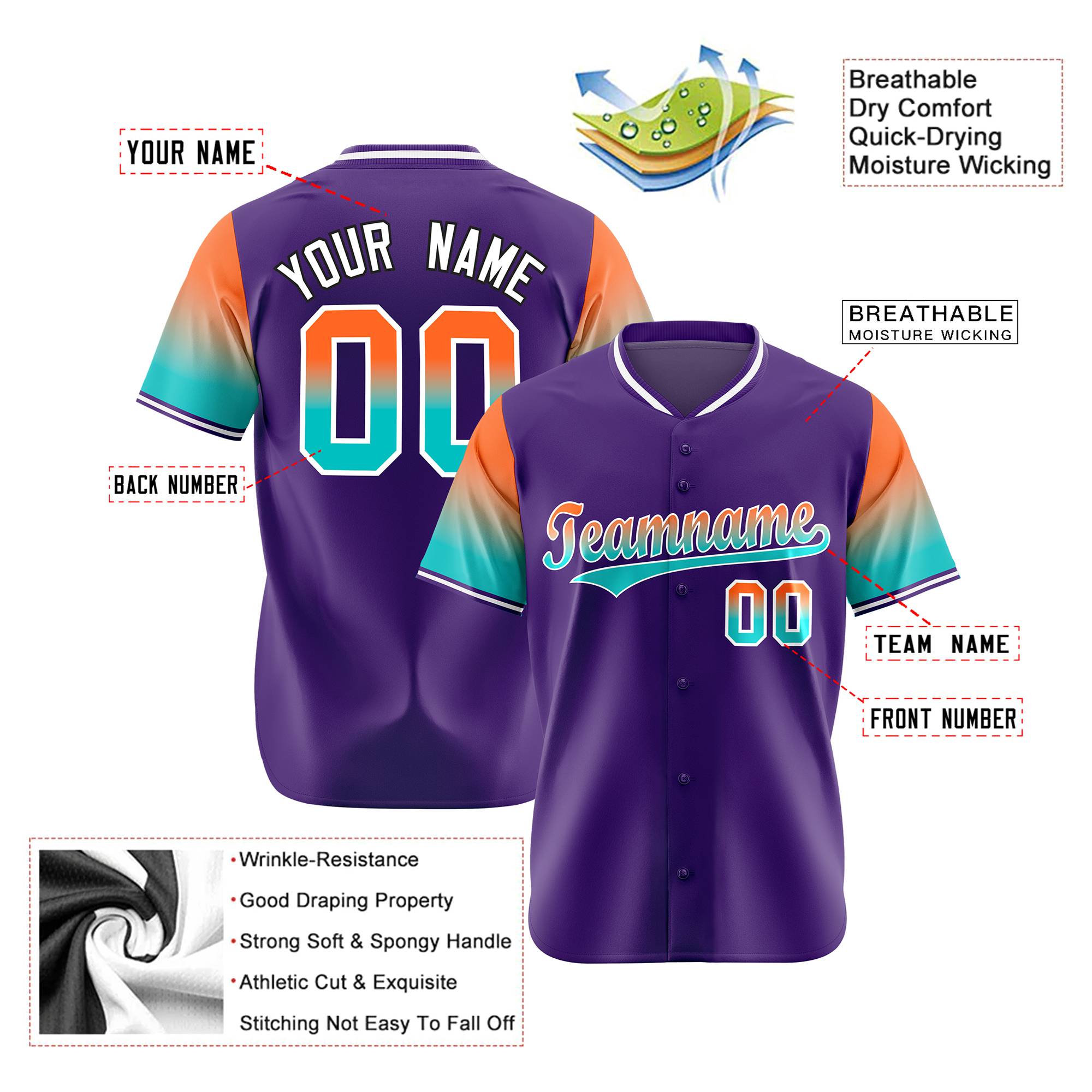 Custom Purple Orange-Aqua Gradient Fashion Authentic Baseball Jersey