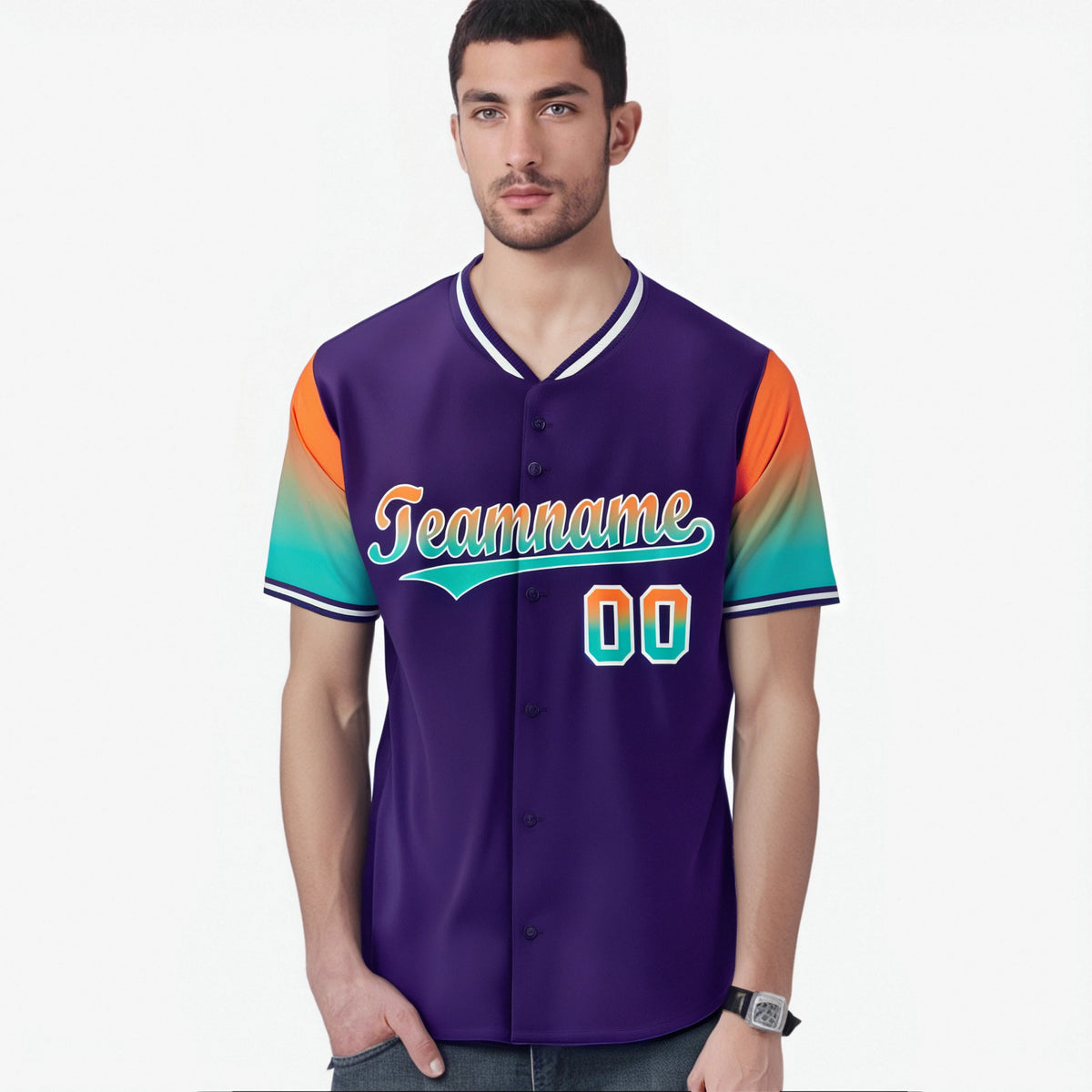 Custom Purple Orange-Aqua Gradient Fashion Authentic Baseball Jersey