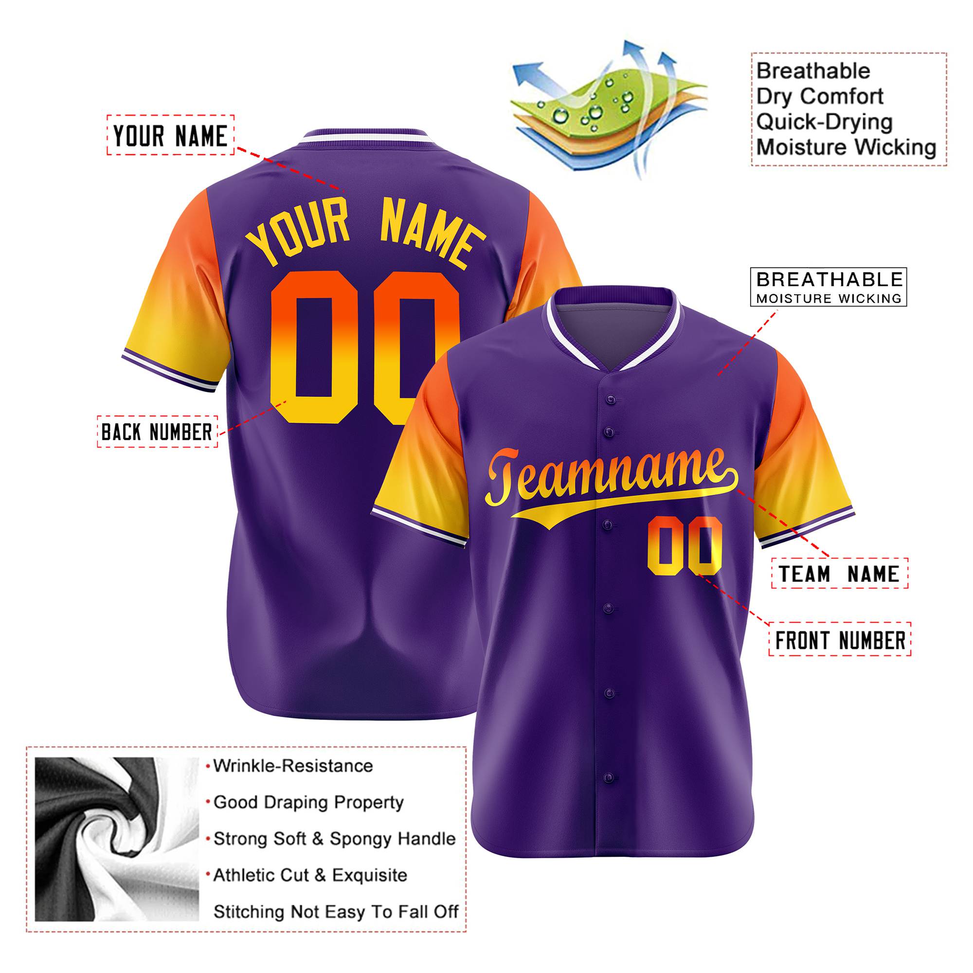 Custom Purple Orange-Gold Gradient Fashion Authentic Baseball Jersey