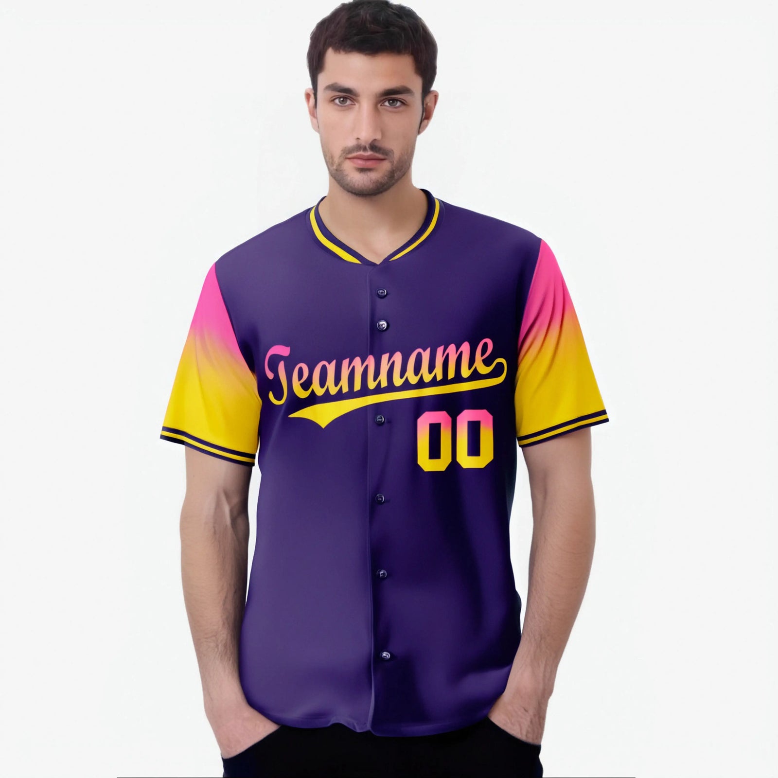 Custom Purple Pink-Gold Gradient Fashion Authentic Baseball Jersey
