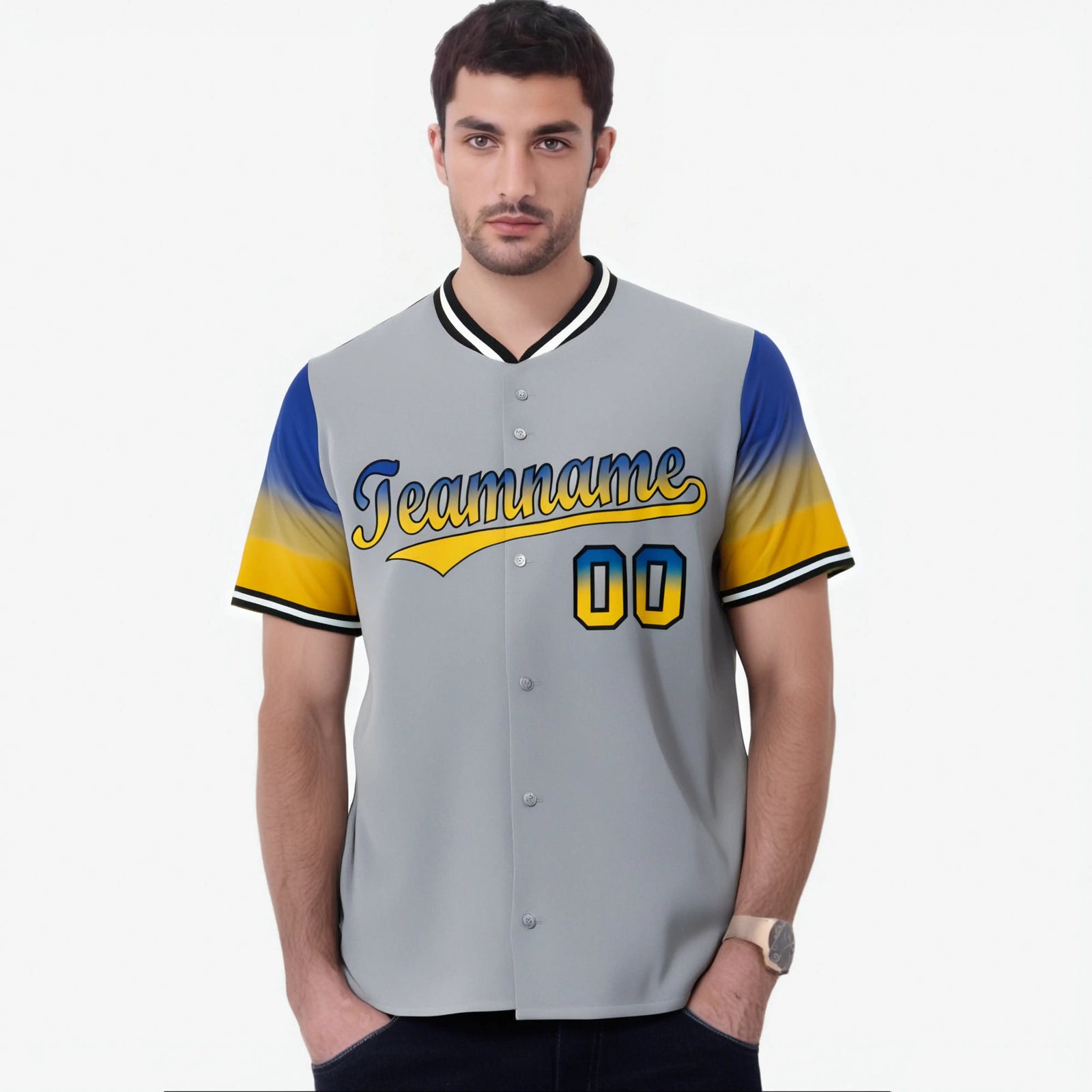 Custom Gray Royal Blue-Gold Gradient Fashion Authentic Baseball Jersey