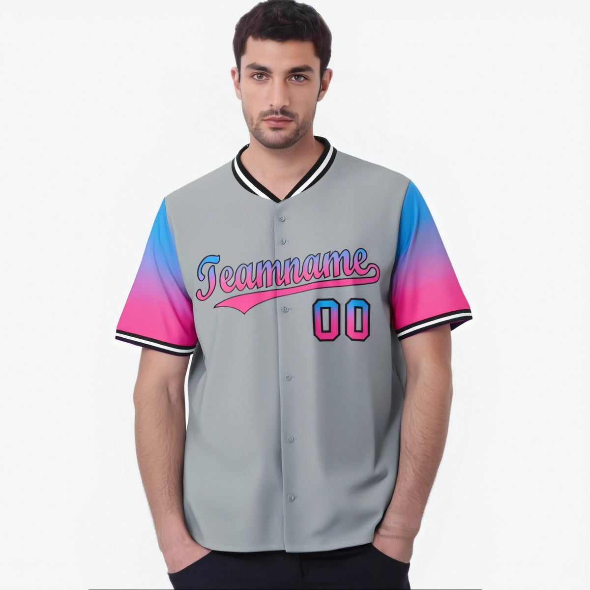 Custom Gray Powder Blue-Pink Gradient Fashion Authentic Baseball Jersey