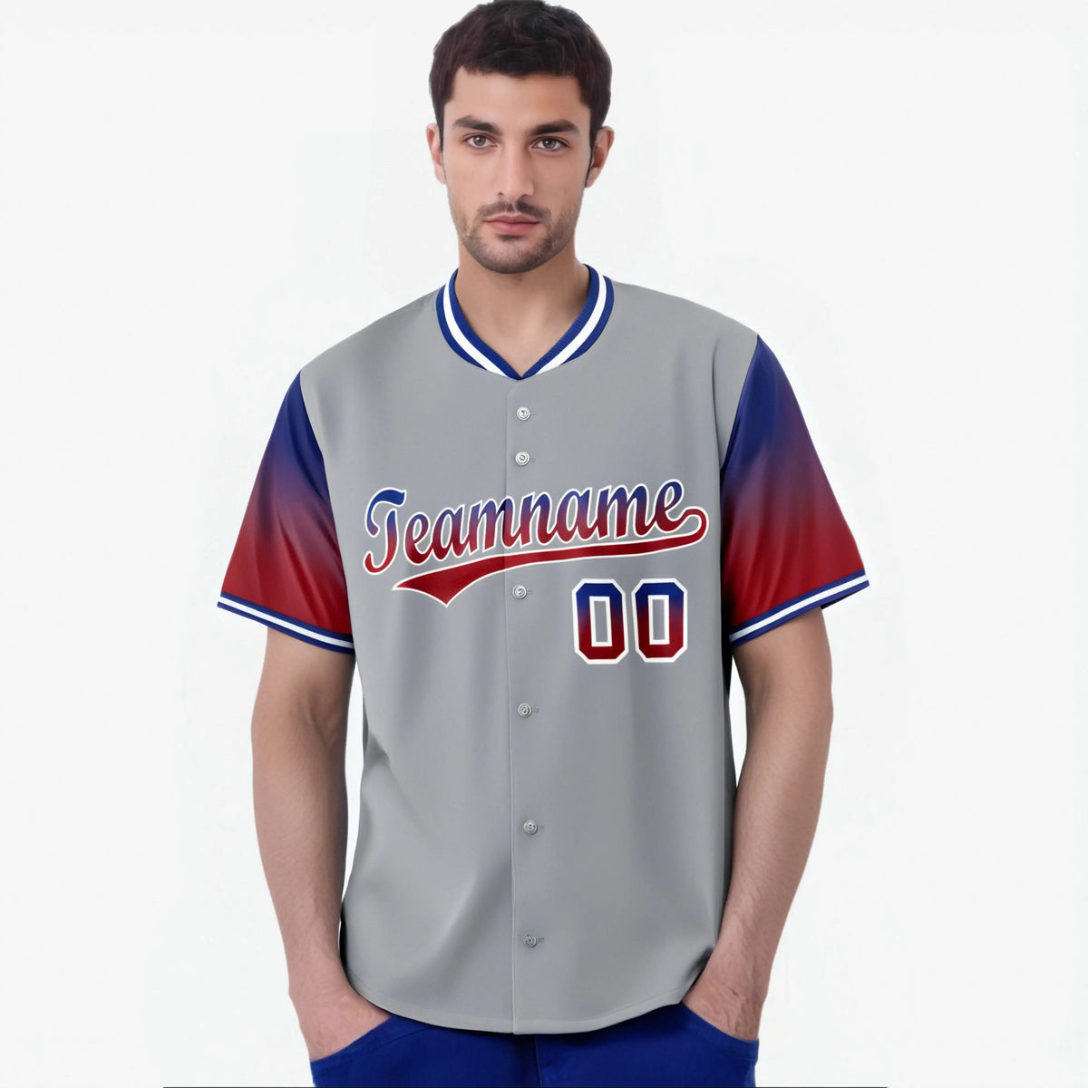 Custom Gray Royal Blue-Red Gradient Fashion Authentic Baseball Jersey