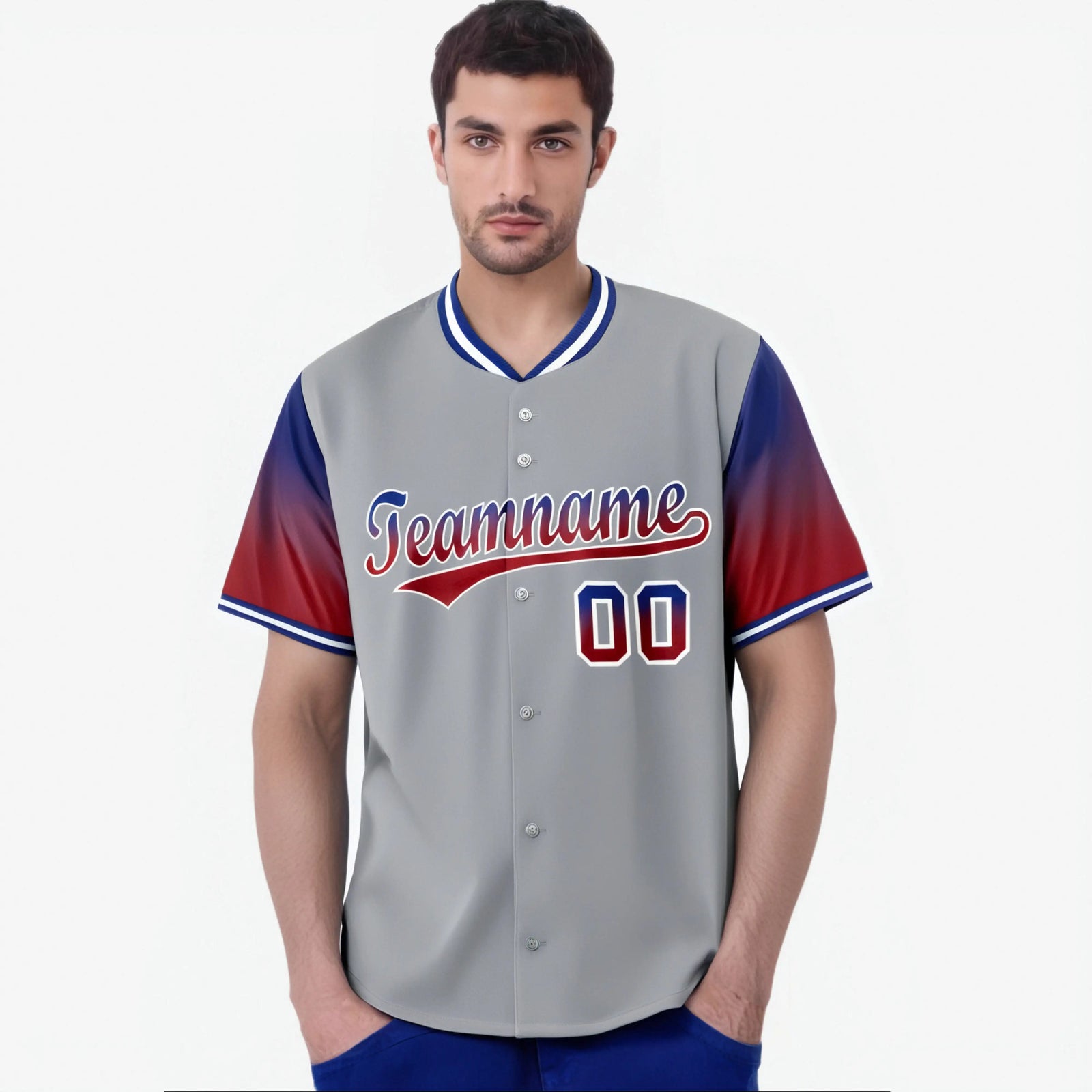 Custom Gray Royal Blue-Red Gradient Fashion Authentic Baseball Jersey