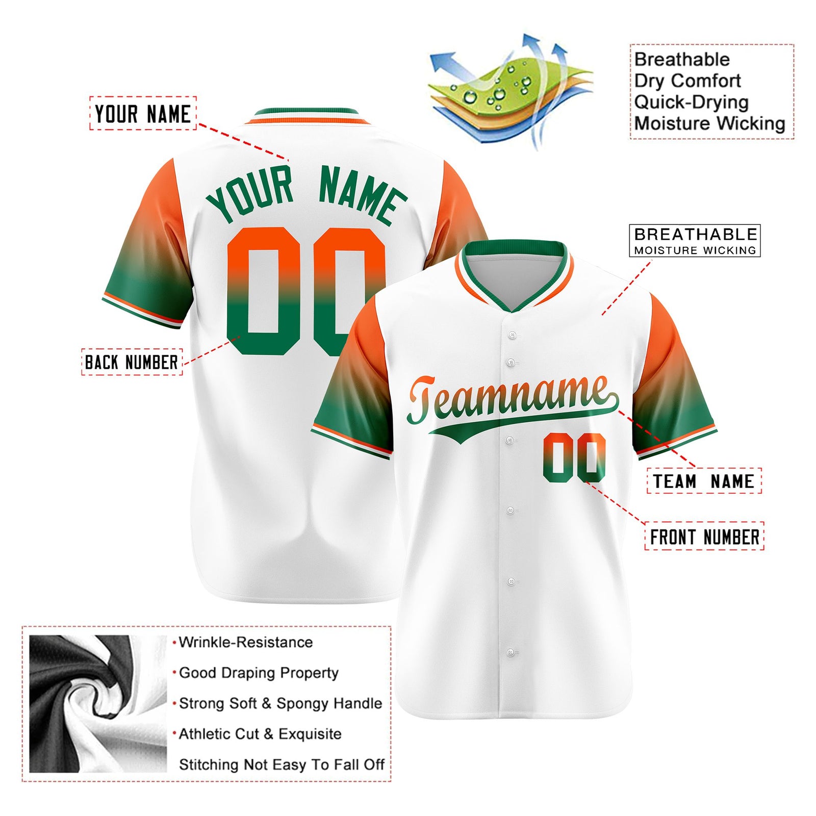 Custom White Orange-Kelly Green Gradient Fashion Authentic Baseball Jersey