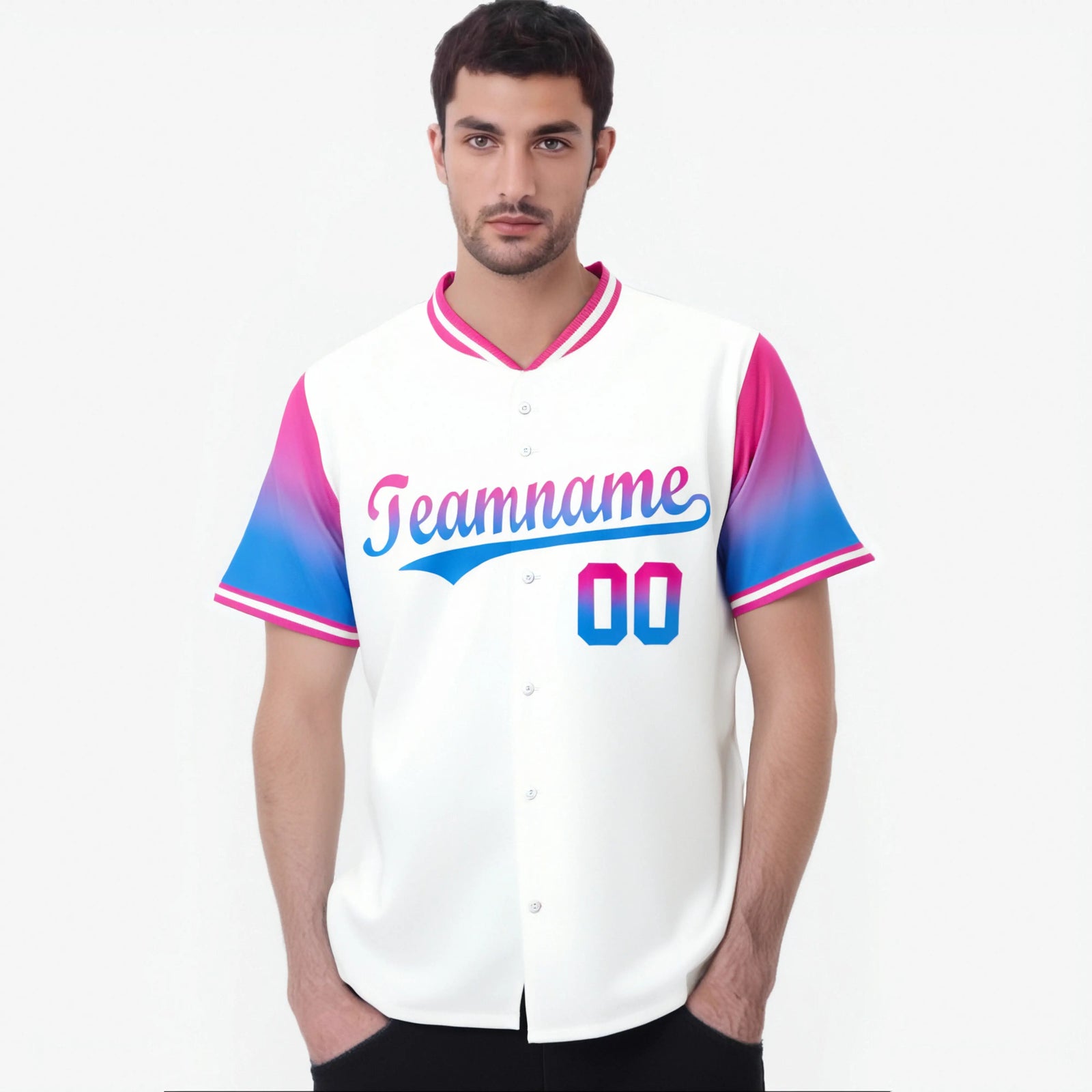 Custom White Pink-Powder Blue Gradient Fashion Authentic Baseball Jersey