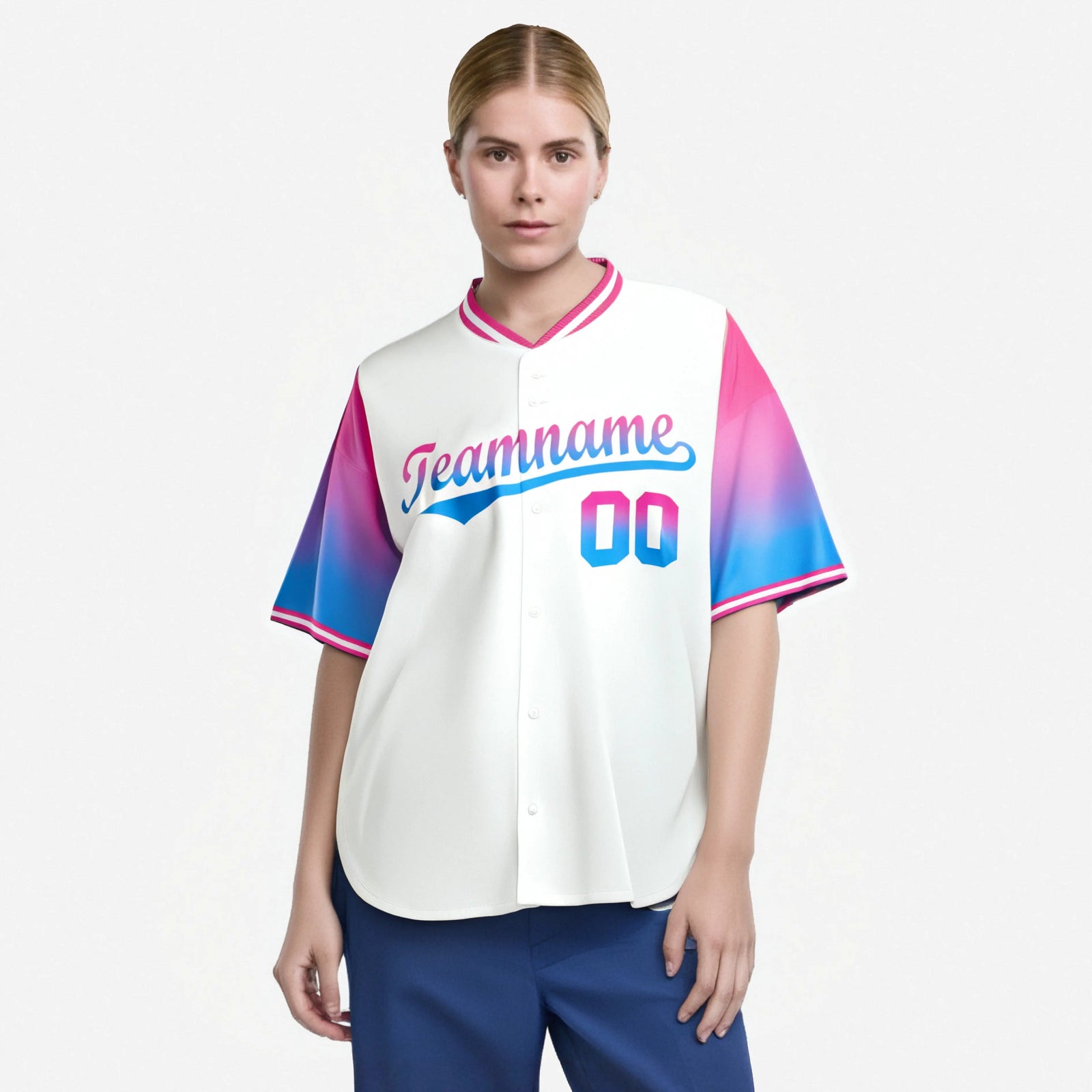 Custom White Pink-Powder Blue Gradient Fashion Authentic Baseball Jersey
