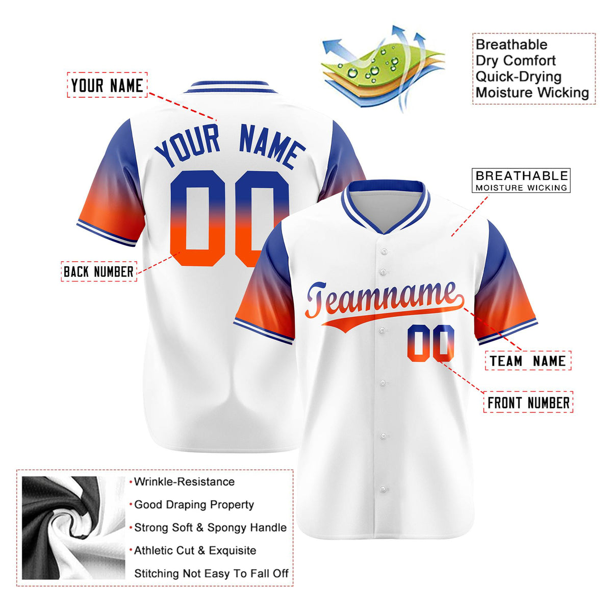 Custom White Royal Blue-Orange Gradient Fashion Authentic Baseball Jersey