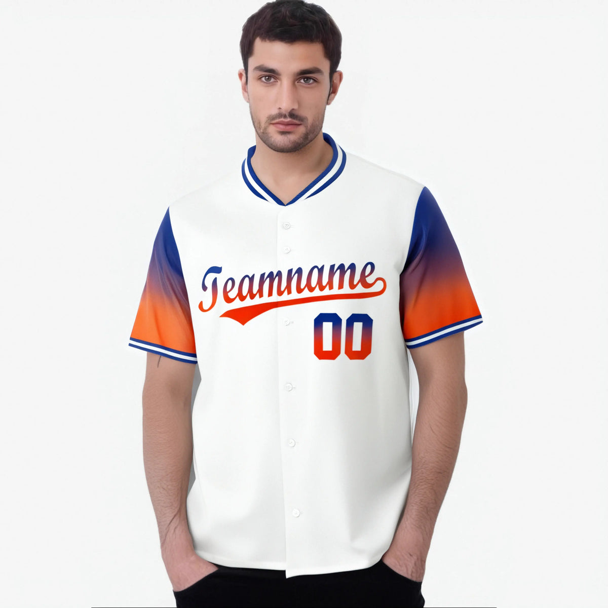 Custom White Royal Blue-Orange Gradient Fashion Authentic Baseball Jersey