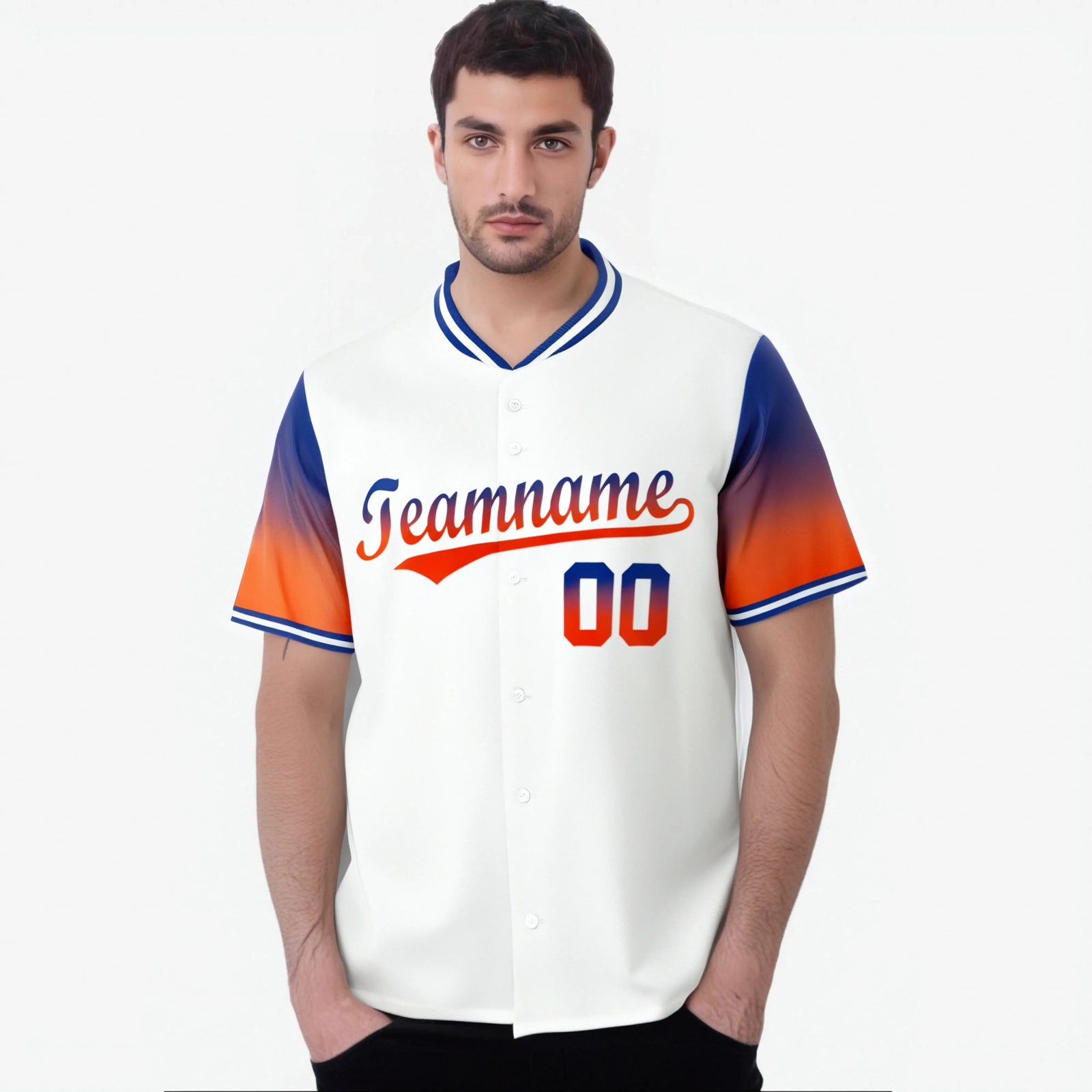 Custom White Royal Blue-Orange Gradient Fashion Authentic Baseball Jersey