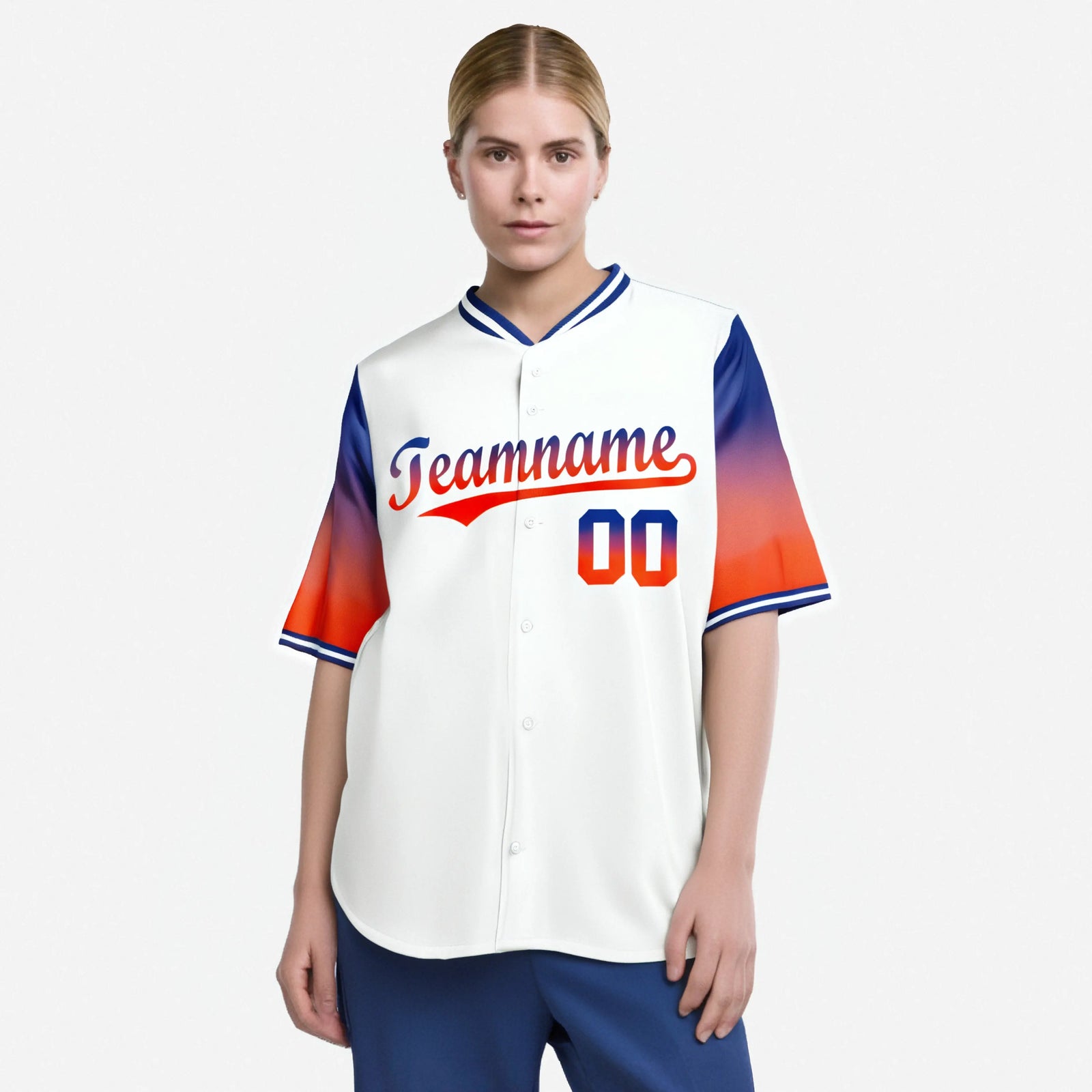 Custom White Royal Blue-Orange Gradient Fashion Authentic Baseball Jersey