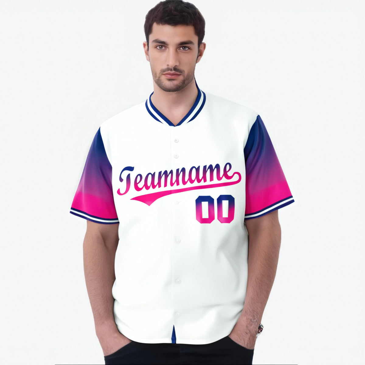 Custom White Royal Blue-Pink Gradient Fashion Authentic Baseball Jersey