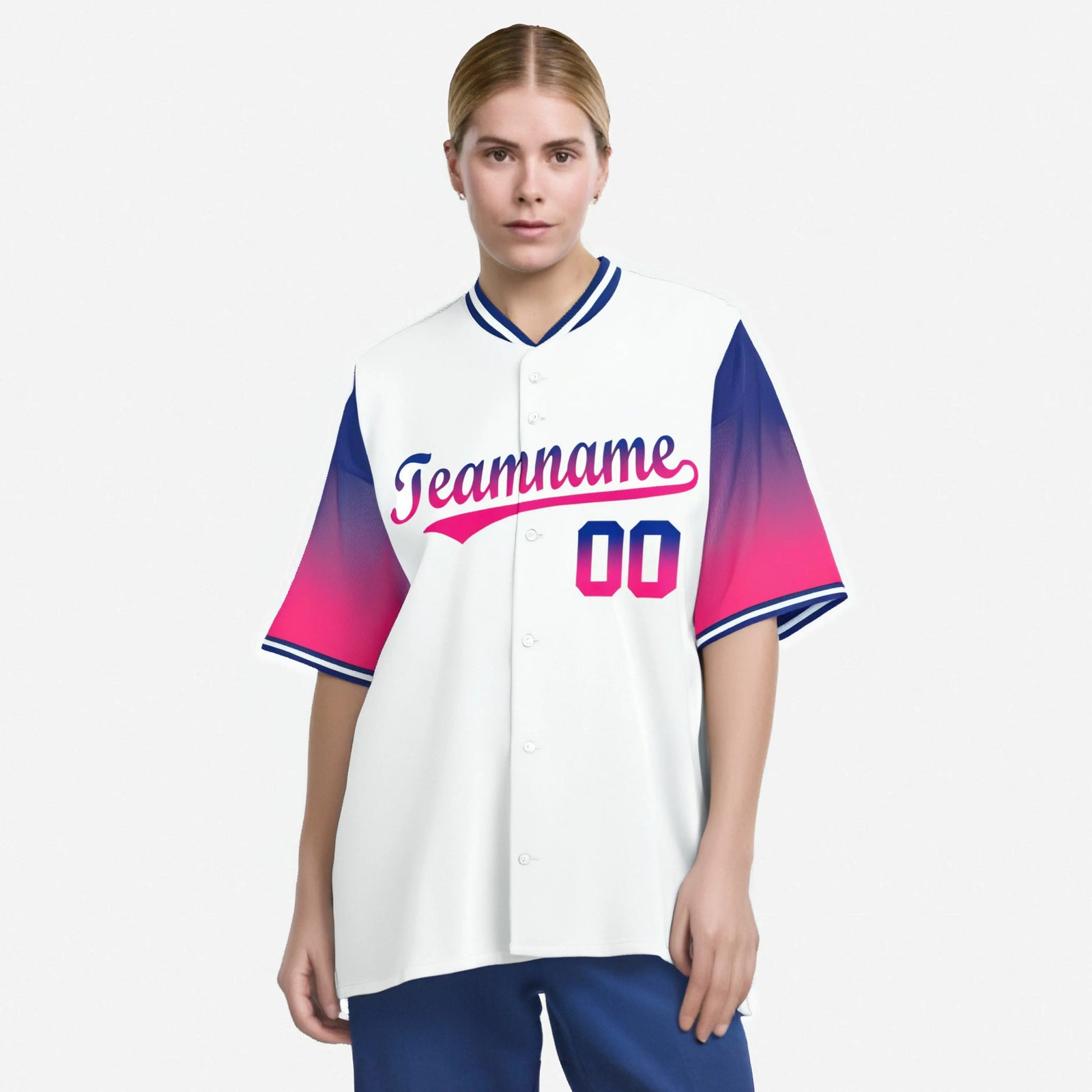 Custom White Royal Blue-Pink Gradient Fashion Authentic Baseball Jersey