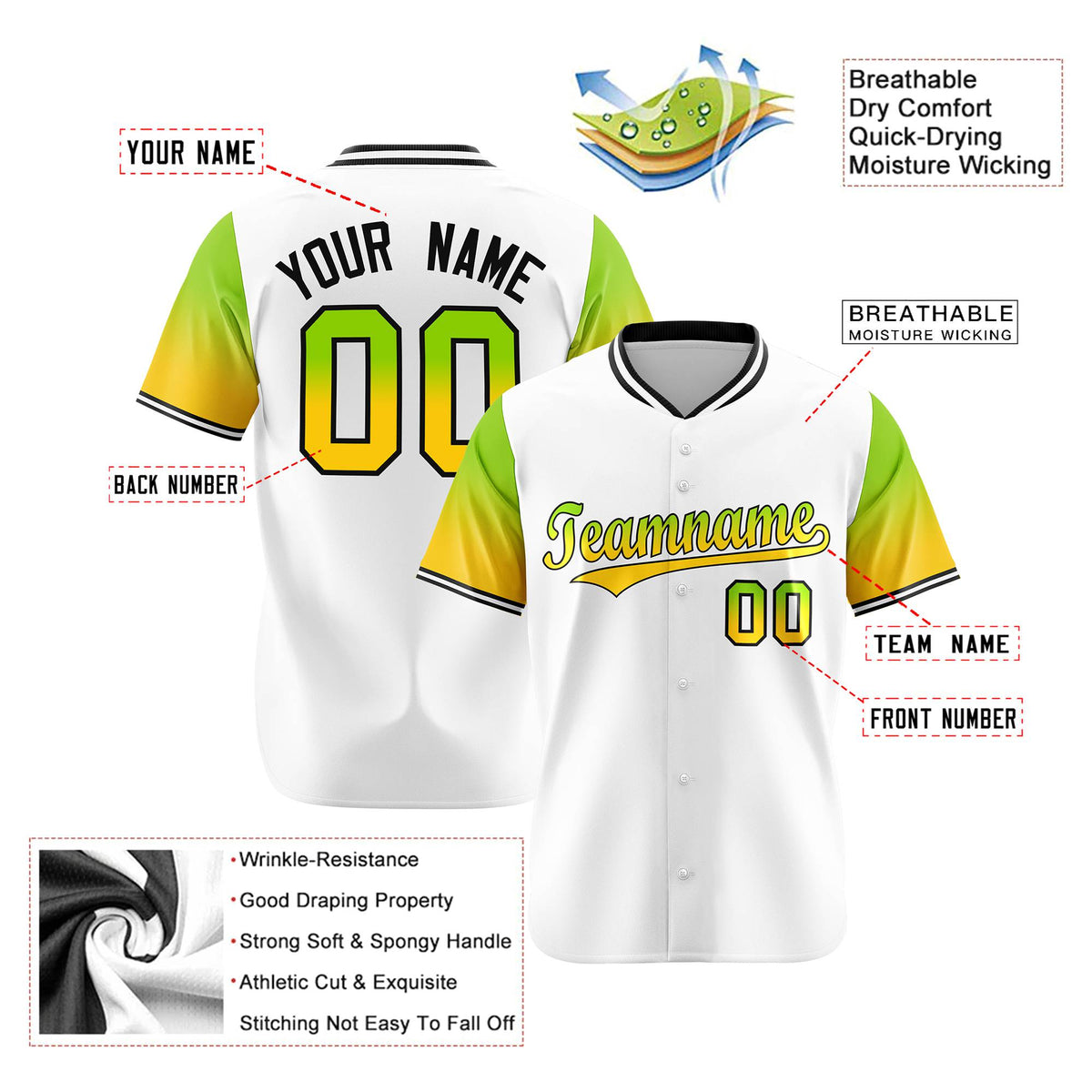 Custom White Neon Green-Gold Gradient Fashion Authentic Baseball Jersey