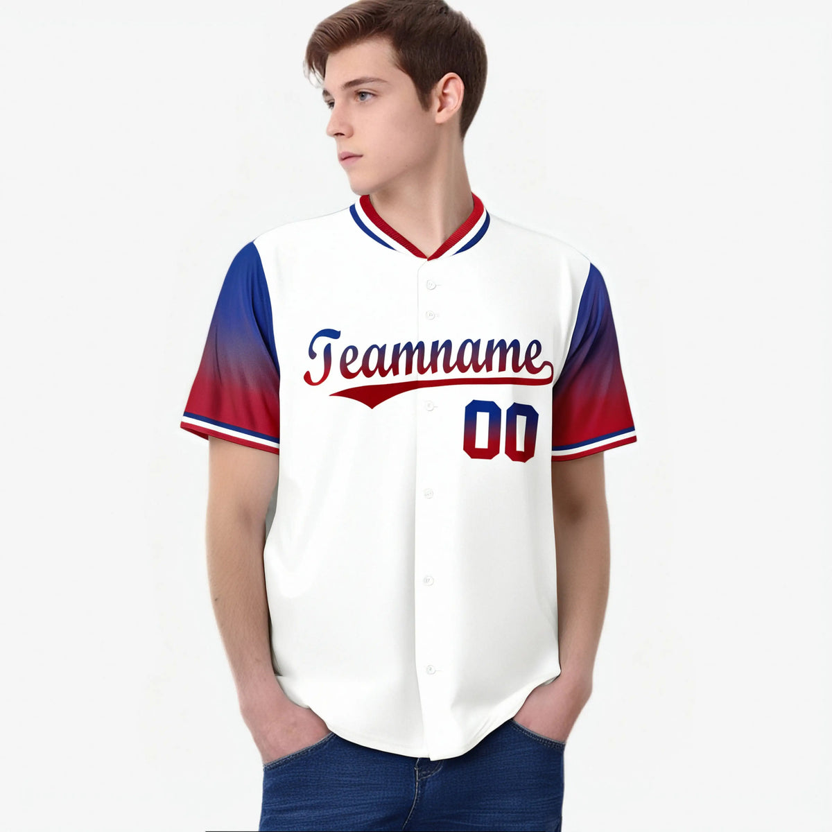 Custom White Royal Blue-Red Gradient Fashion Authentic Baseball Jersey