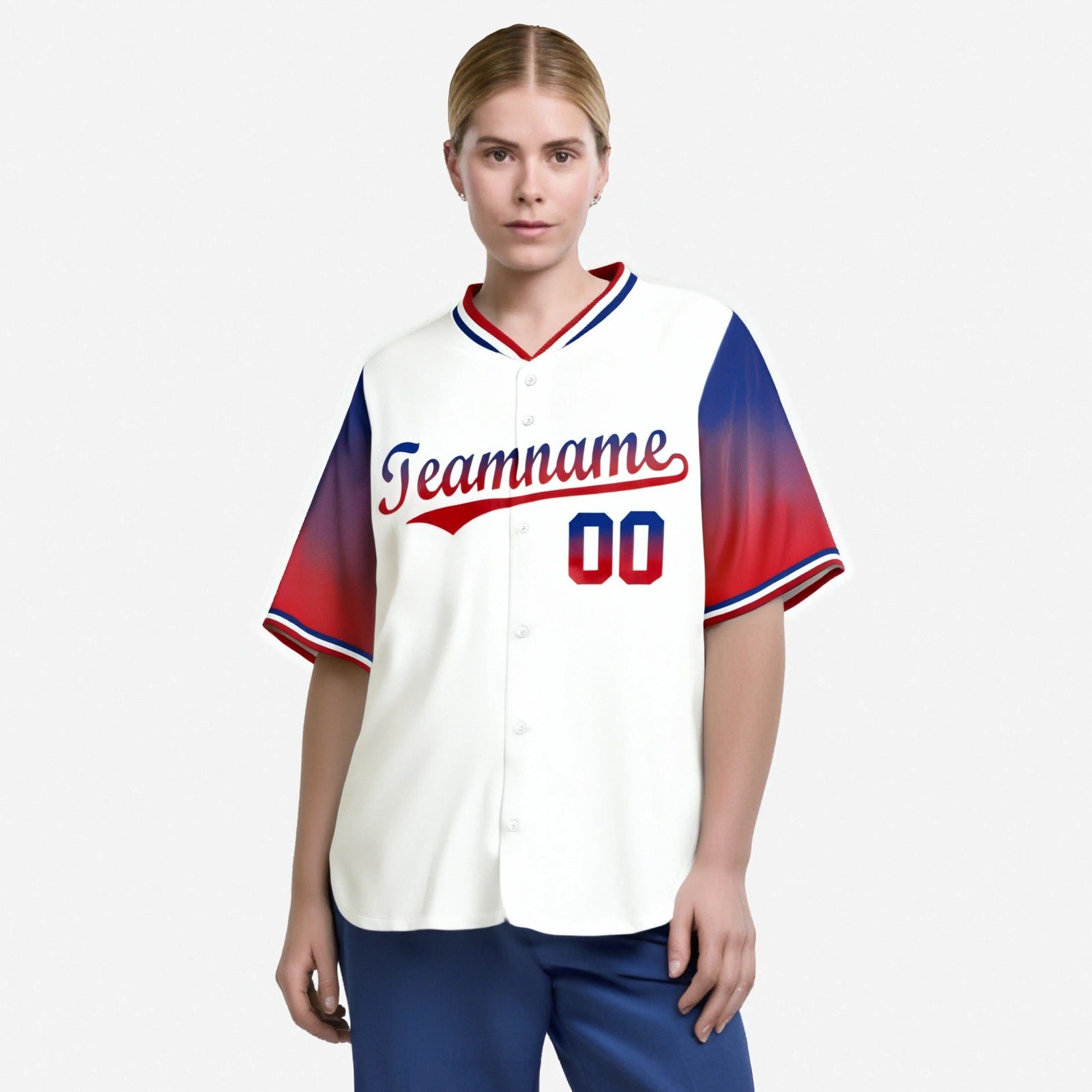 Custom White Royal Blue-Red Gradient Fashion Authentic Baseball Jersey