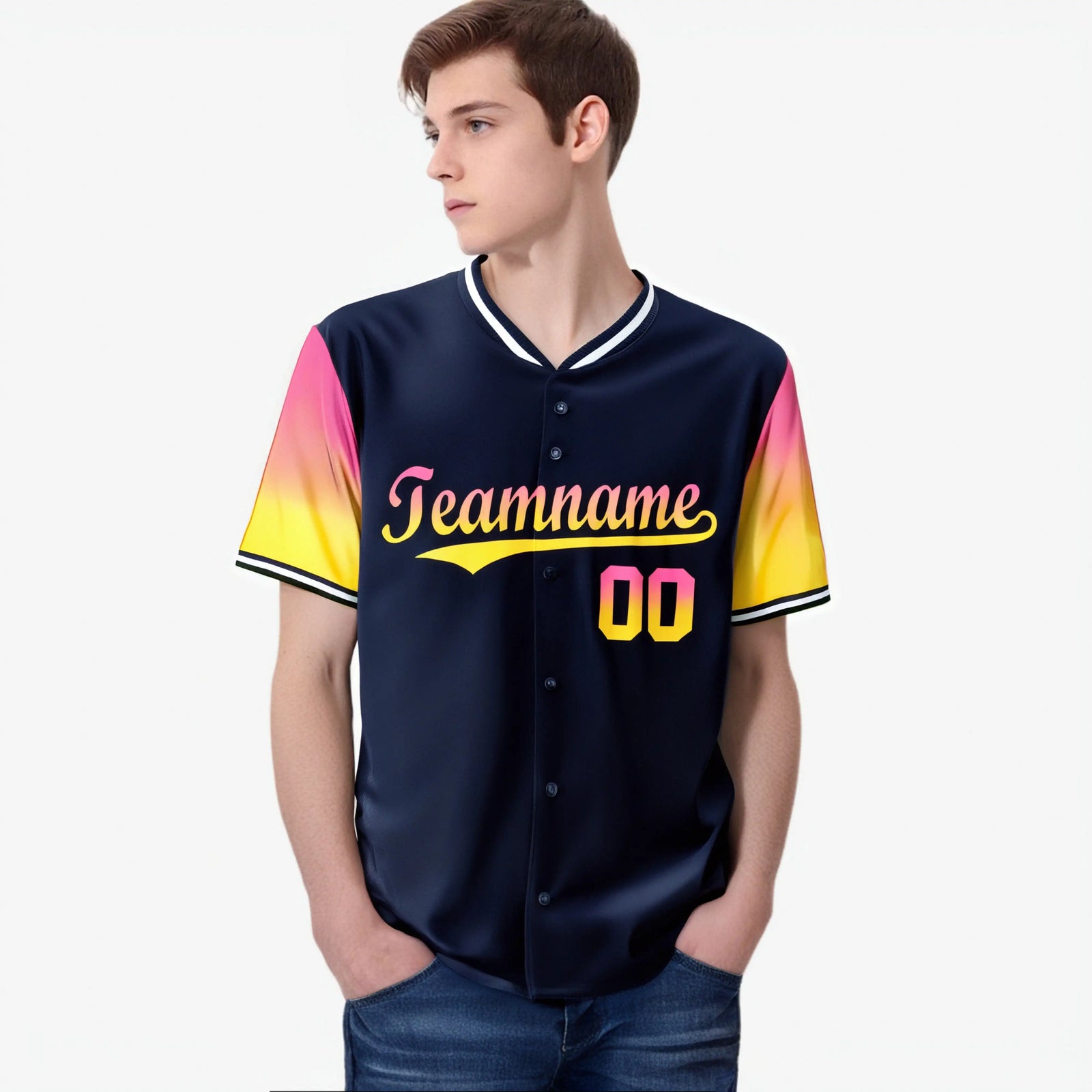Custom Navy Pink-Gold Gradient Fashion Authentic Baseball Jersey