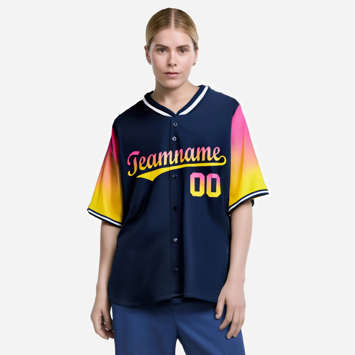 Custom Navy Pink-Gold Gradient Fashion Authentic Baseball Jersey