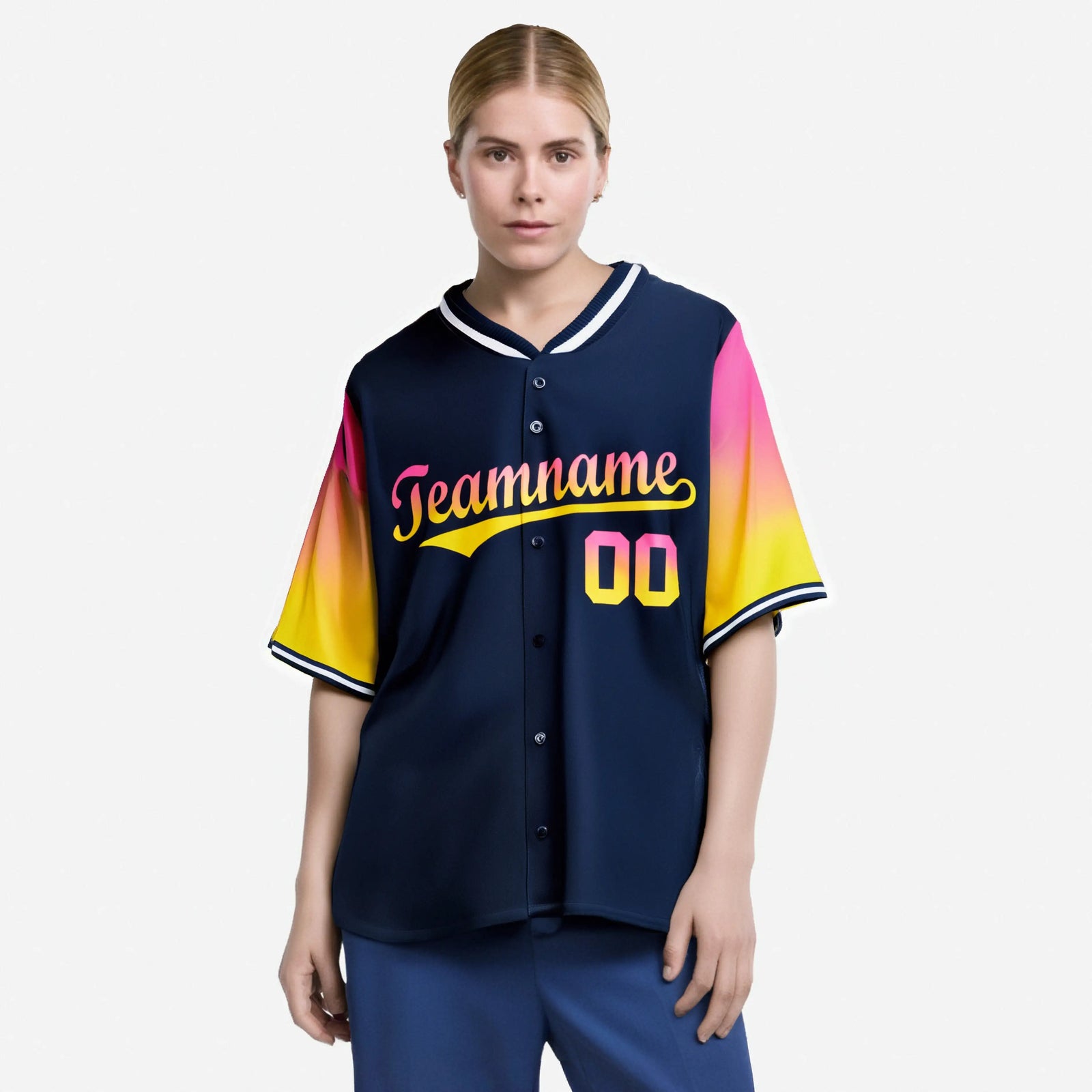 Custom Navy Pink-Gold Gradient Fashion Authentic Baseball Jersey