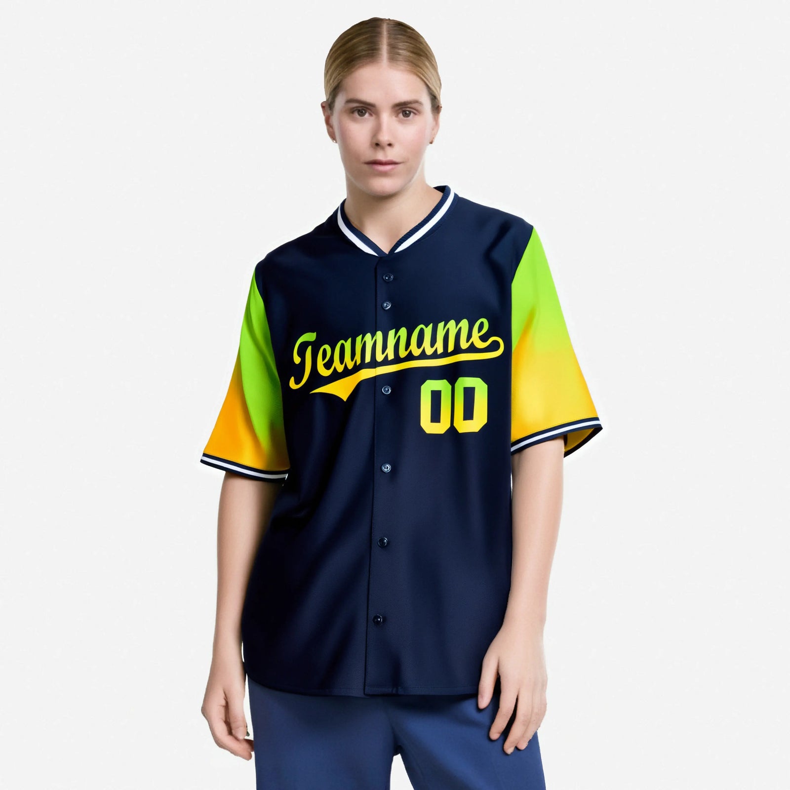 Custom Navy Neon Green-Gold Gradient Fashion Authentic Baseball Jersey
