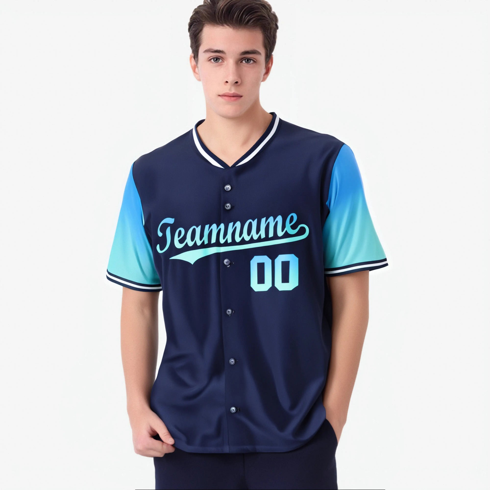 Custom Navy Powder Blue-Aqua Gradient Fashion Authentic Baseball Jersey