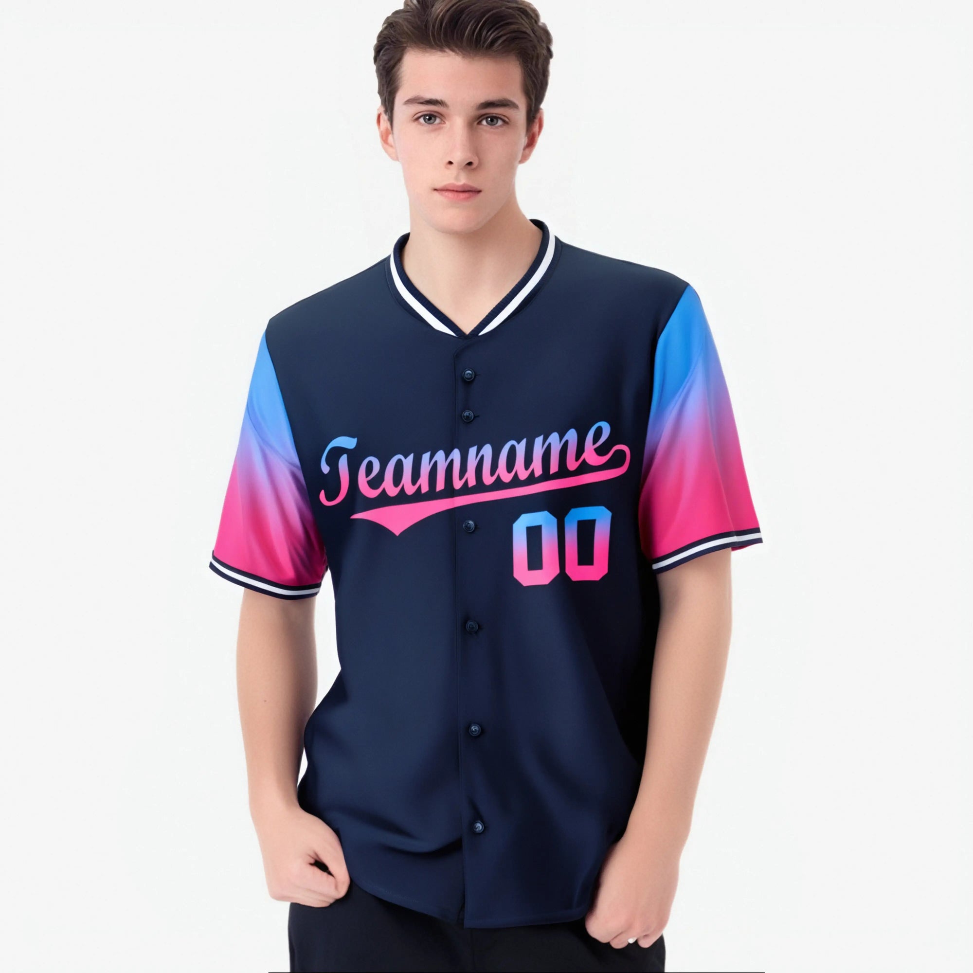 Custom Navy Powder Blue-Pink Gradient Fashion Authentic Baseball Jersey